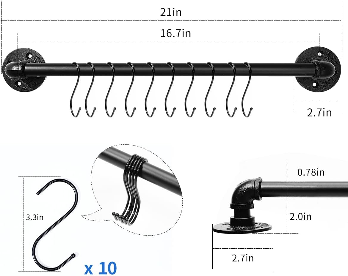 Industrial Pipe Pot Pan Rack 21" (2 Pack), Wall mount Pot hangers Pan Hanging Rail Lid Hanger for kitchen with 10 S Hooks