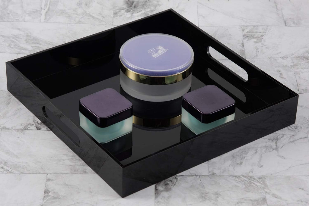 Glossy Black Sturdy Acrylic Serving Tray with Handles - 12x12 Inch Multipurpose Tray for Coffee, Appetizers, Breakfast, and More