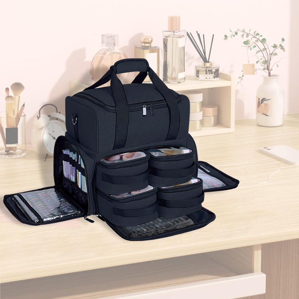 Large Cosmetic Bag with 4 Removable Case and 2 Removable Dividers Double Layer Travel Storage Organizer, Makeup Brushes Storage Section Black