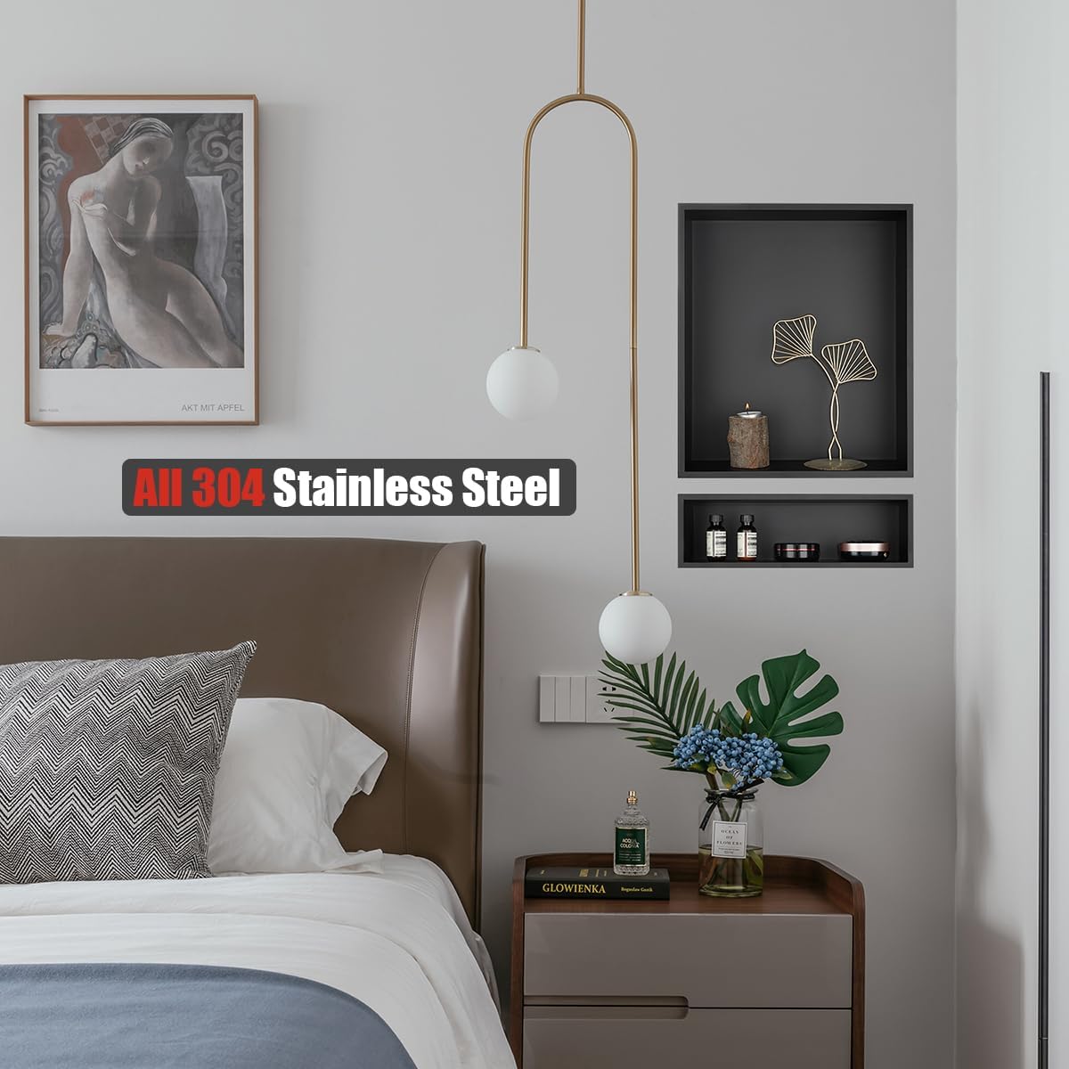 JQK Shower Niche No Tile Need, 12"×14" Matte Black Bathroom Insert Shelf, 304 Stainless Steel Recessed Shower Caddy Organizer Storage, SNL1214-PB