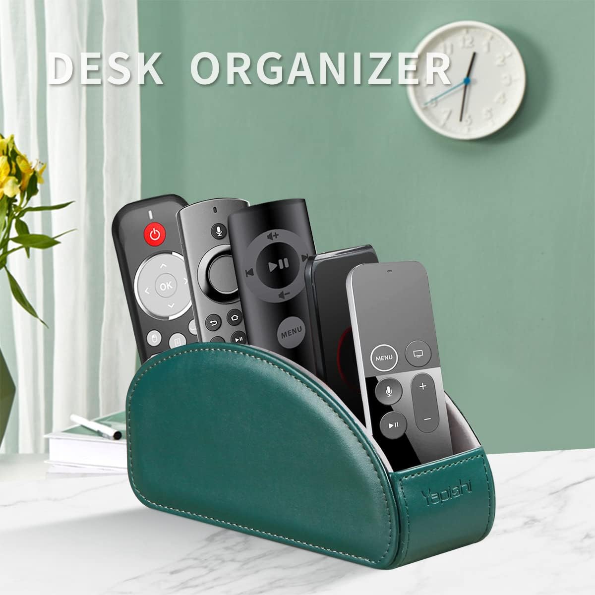 Remote Control Holder PU Leather TV Remote Caddy for Table, 5 Compartments Nightstand Organizer for Bedroom Accessories/Bedside Remotes/Media Controllers/Office Supplies, Decorations for Living Room