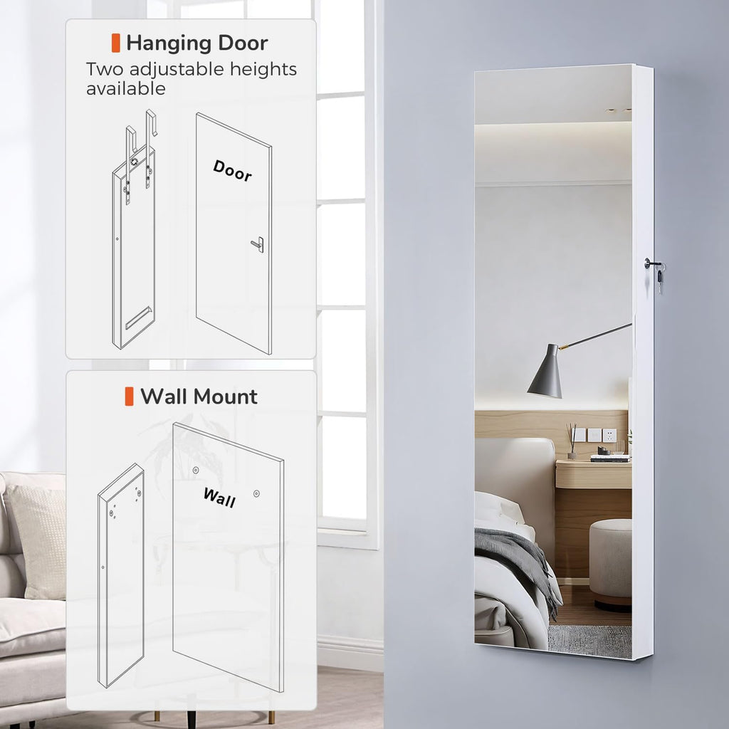 GISSAR Full Length Mirror Jewelry Cabinet, 6 LEDs Jewelry Armoire Wall Mounted Over The Door Hanging, Jewelry Organizer Storage with Lights Lockable, Bright White, 14.6" x 47.2"