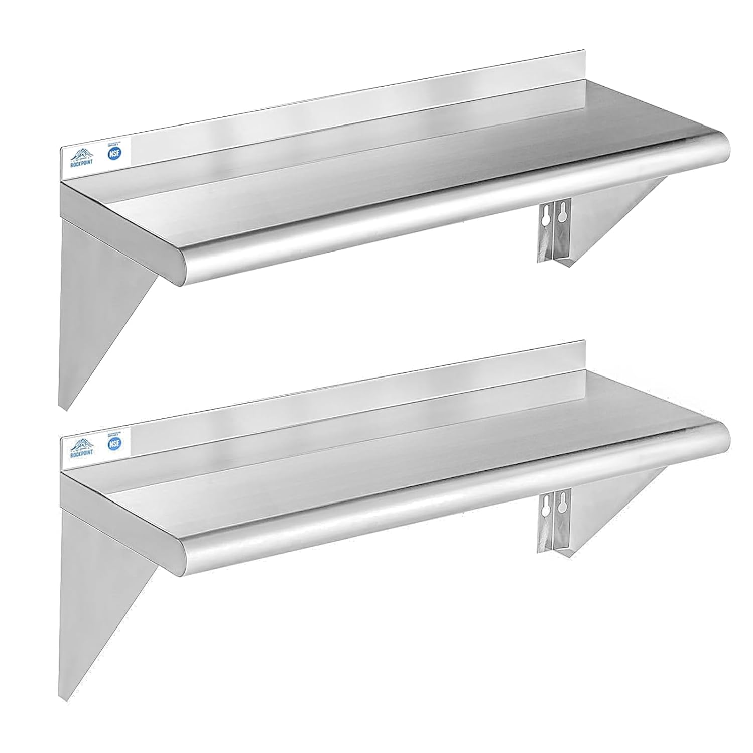 ROCKPOINT Stainless Steel Shelf 12 x 30 Inches 280lb, 2 Pack NSF Metal Commercial Shelves Wall Mount Floating Shelving with Backsplash for Restaurant, Kitchen, Home and Hotel, Silver