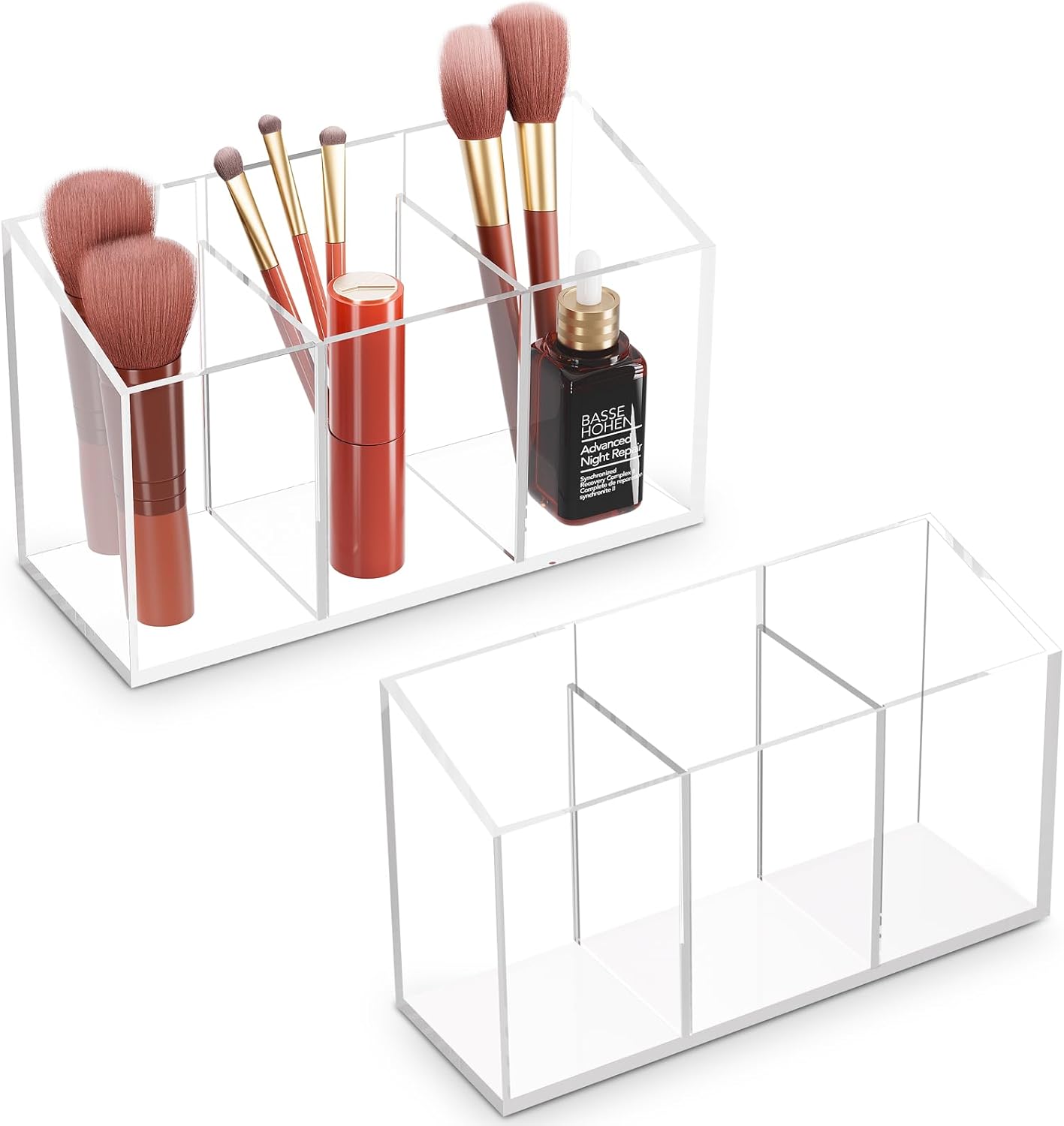 Acina 2PCS Clear Makeup Brush Holder Organizer Acrylic 3-Slots Cosmetic Brushes Storage Organizer for Vanity Countertop
