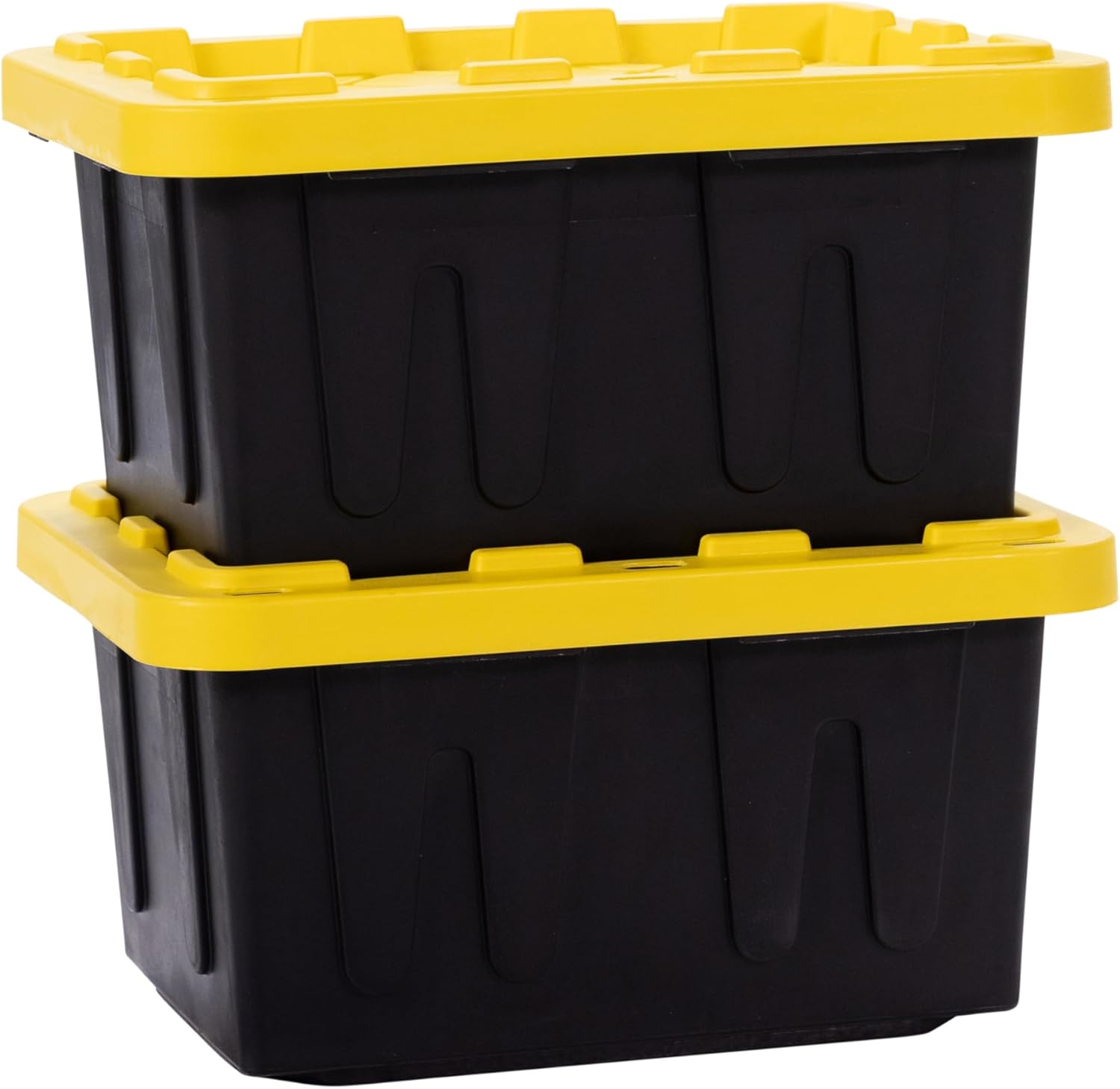 Plastic 5-Gallon Storage Tote with Lockable Lid, Stackable Tough Regular-Duty Bin for Garage, Tools, and Home Organization (2-Pack) - Black and Yellow