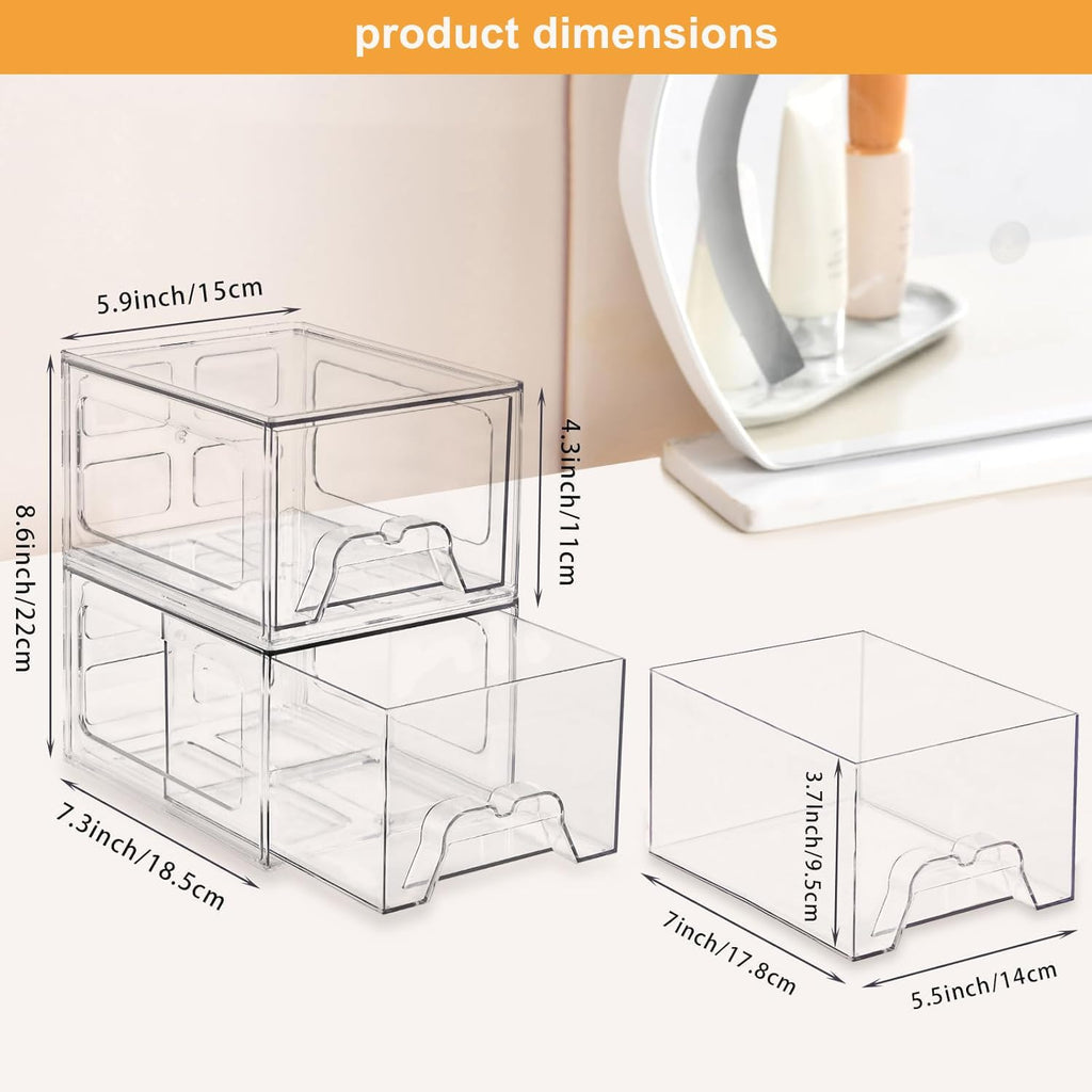 Stackable Makeup Organizer Storage Drawers Set of 4, Clear Plastic Organizer Bins for Beauty Supplies,Ideal for Vanity, Bathroom,Cabinet,Pantry Organization (4 Short)