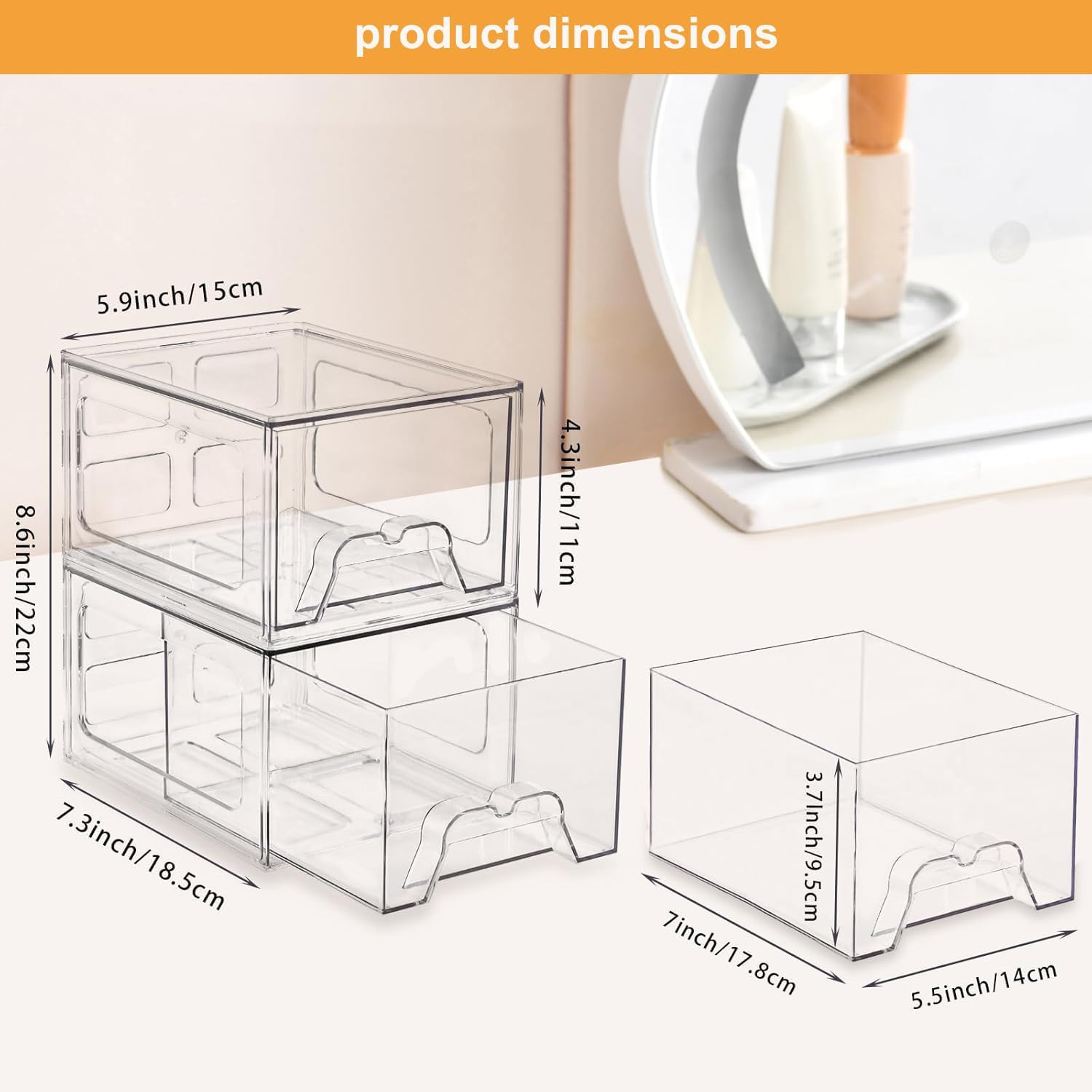 Stackable Makeup Organizer Storage Drawers Set of 4, Clear Plastic Organizer Bins for Beauty Supplies,Ideal for Vanity, Bathroom,Cabinet,Pantry Organization (4 Short)