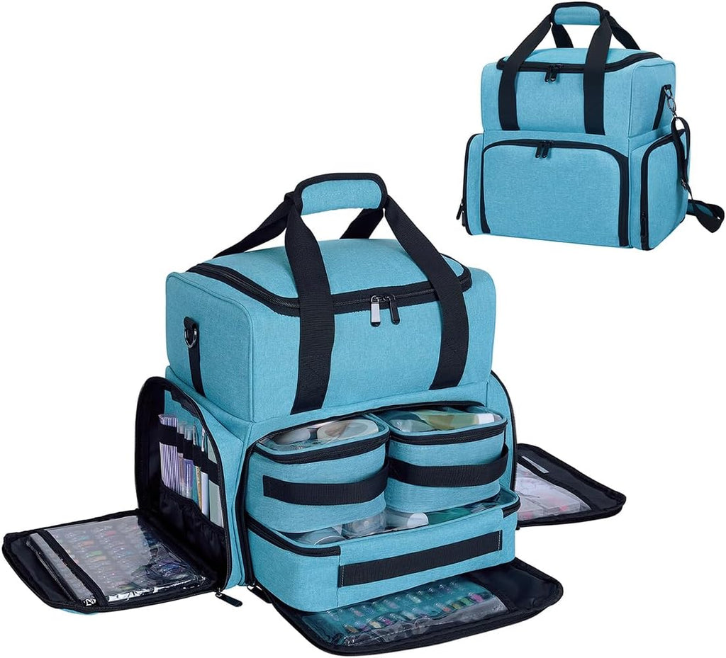 Large Makeup Cosmetic Bag with 3 Removable Case and 2 Removable Dividers Double Layer Travel Storage Organizer, Makeup Brushes Storage Section Lake Green