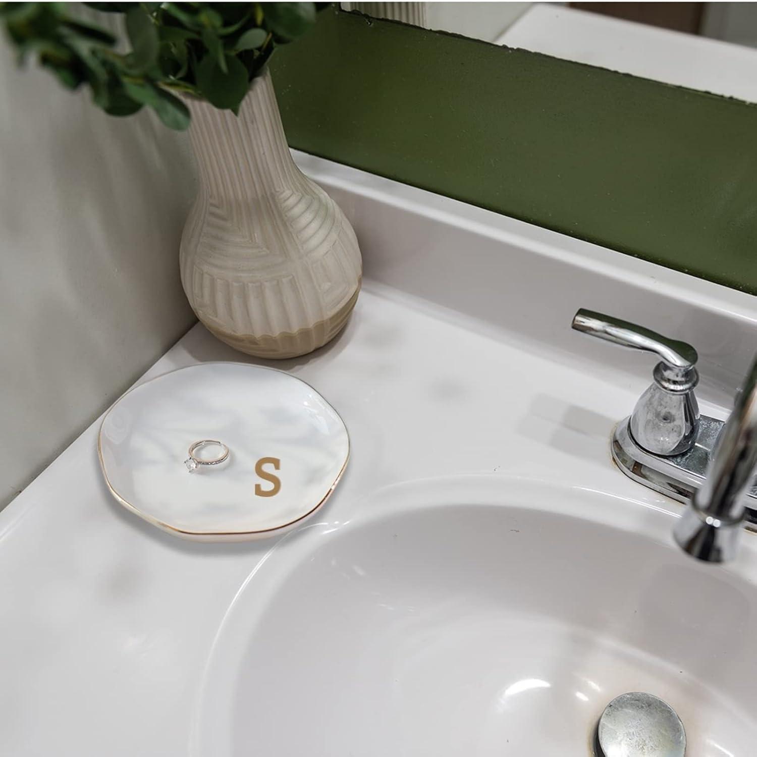 Initials Ring Dish Jewery Tray with Personalized S-Monogrammed Gifts Wedding Engagement for Women Friends Sister,Ceramic White