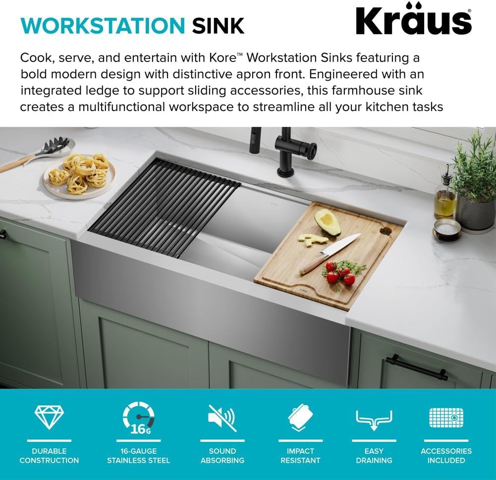 KRAUS Kore 36-Inch Modern Farmhouse Workstation 16 Gauge Single Bowl Stainless Steel Kitchen Sink with Accessories, KWF410-36