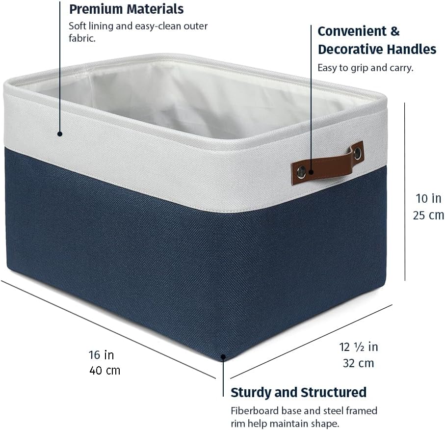 OrganiHaus Extra Large Fabric Storage Baskets for Shelves 3 Pack, 16x13in Closet Storage Bins for Shelves, Canvas Baskets for Organizing, Linen Closet Organizers, Cloth Basket, Navy Blue/Off-White