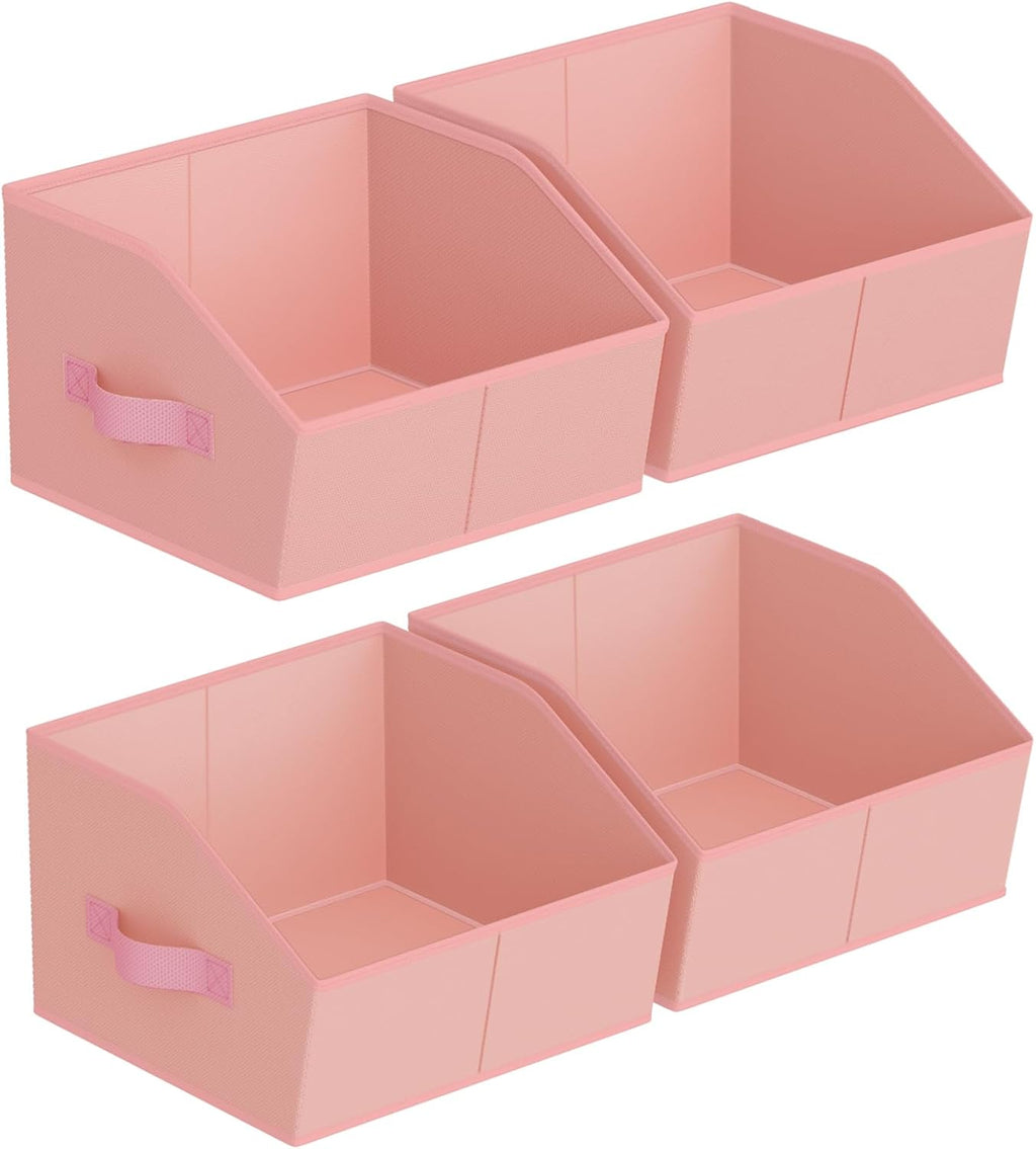 Storage Bins for Shelves - Small Trapezoid Closet Shelf Organizer, Fabric Organization Bins with Handles, Storage Baskets for Clothes, Towel, Purse, 4 Pack, Pink