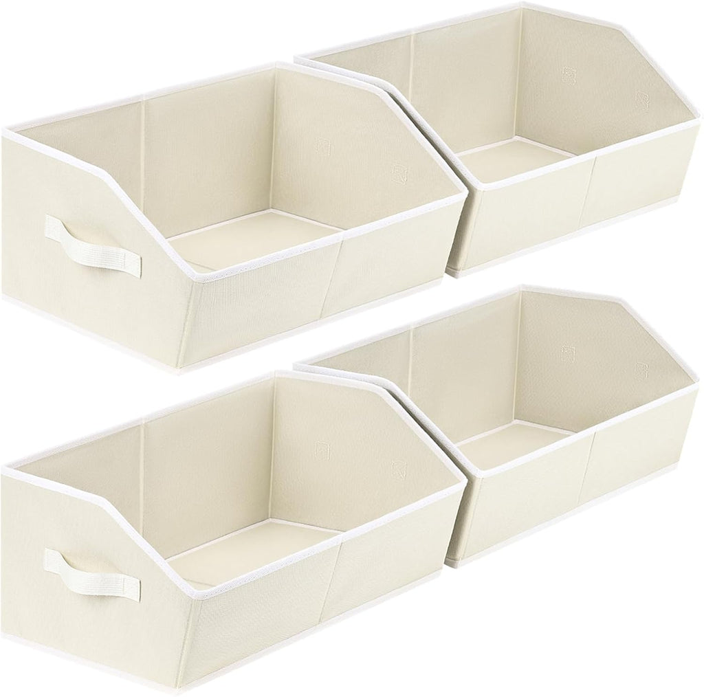 Cube Storage Organizer - Large Bins with Handle, Trapezoid Organizing Baskets for Shelves, Decorative Storage Baskets for Clothes, Blankets, Books, 4 Pack, Beige