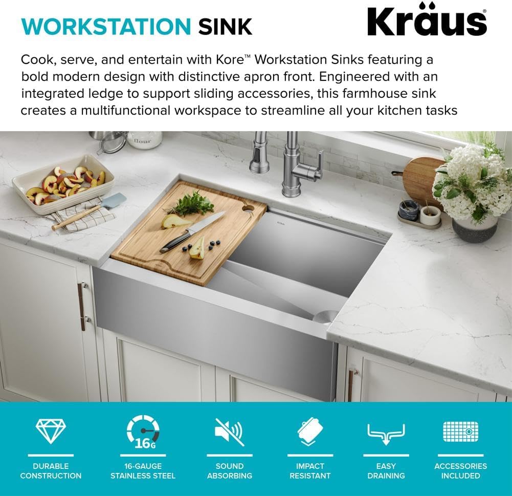 Kraus Kore 30-Inch Farmhouse Workstation with In Sink Dish Drying Rack, Stainless Steel Kitchen Sink, KWF410-30