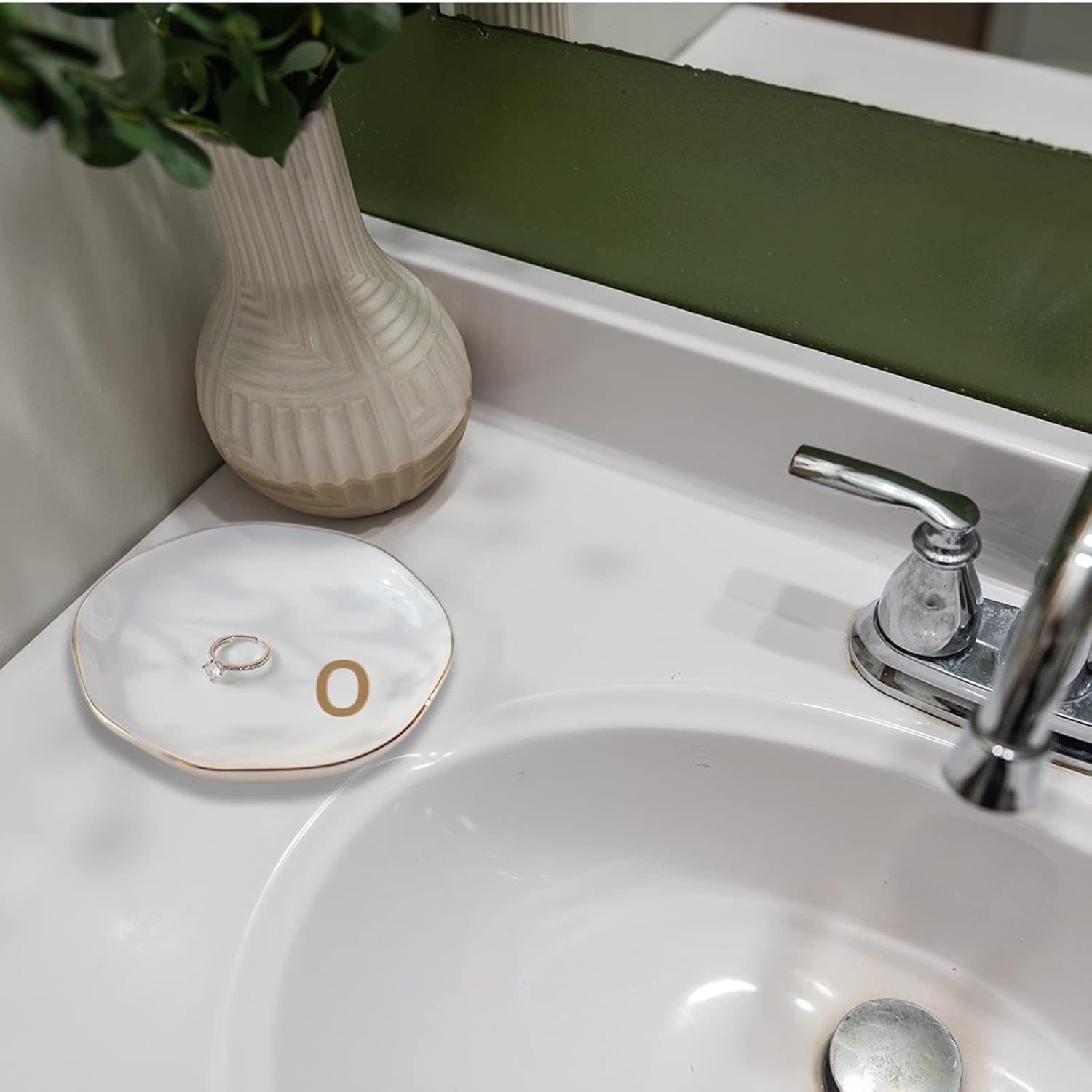 Initials Ring Dish Jewery Tray with Personalized O-Monogrammed Gifts Wedding Engagement for Women Friends Sister,Ceramic White