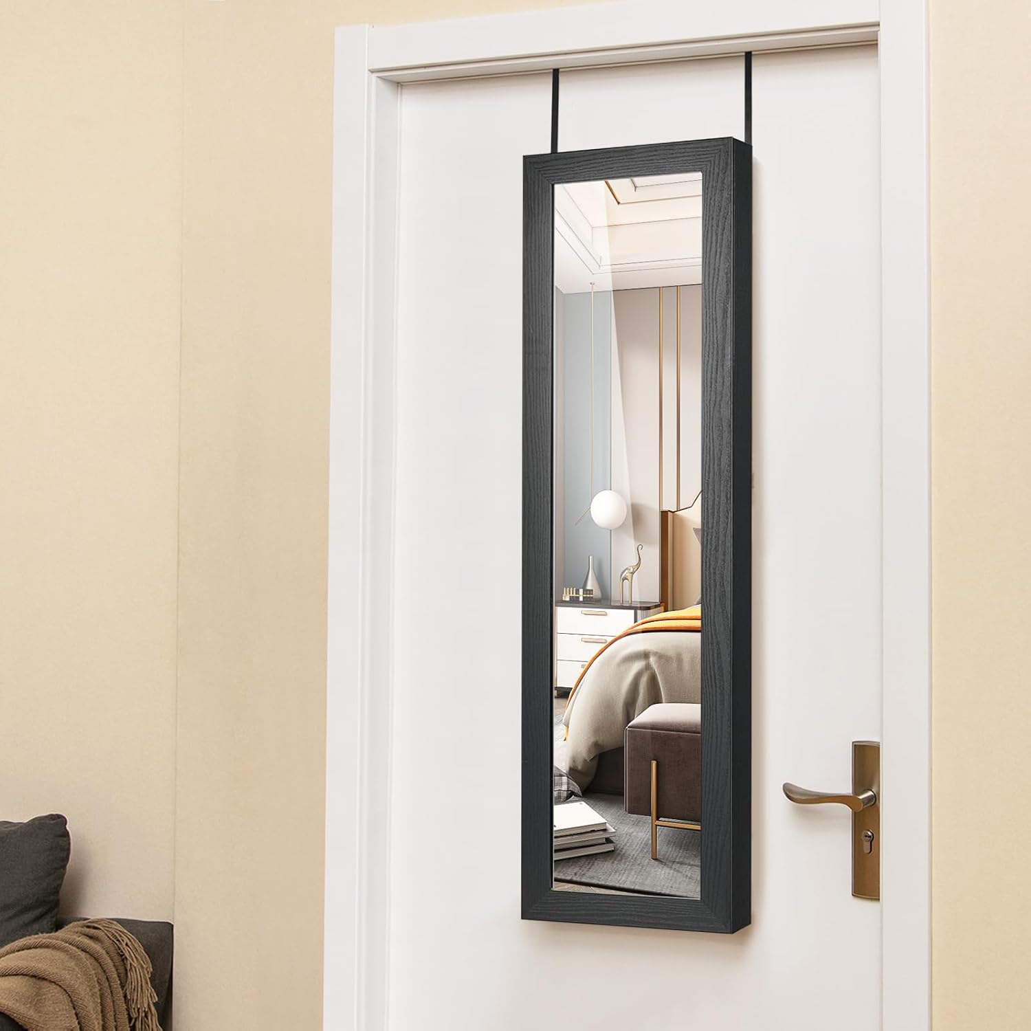 COSTWAY Full Length Mirror Jewelry Cabinet, Wall Door Mounted Jewelry Organizer with Makeup Mirror, Ring Slots & Necklace Hooks, Large Storage Jewelry Armoire for Bedroom, Dressing Room (Black)