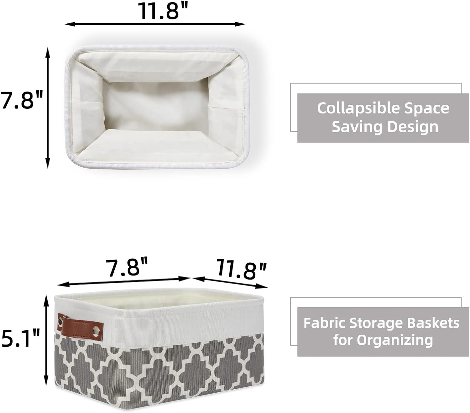 HNZIGE Small Baskets Fabric Storage Baskets(6 Pack) Storage Bins with Leather Handles Empty Gift Basket Decorative Storage Baskets for Shelves, Baby Clothes Toys(Pattern&White,11.8" x 7.8" x 5.1")