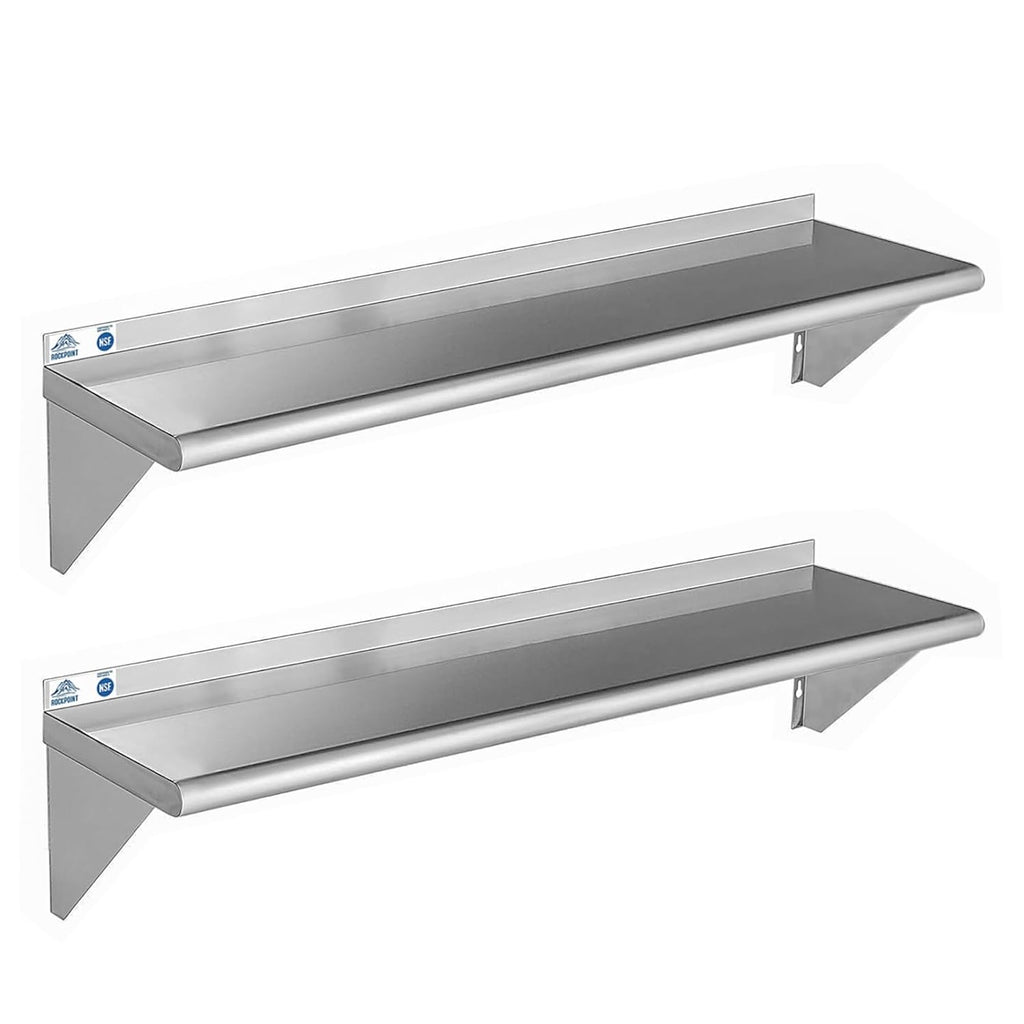 ROCKPOINT Stainless Steel Shelf 12 x 48 Inches 350lb, 2 Pack NSF Commercial Wall Mount Floating Shelving with Backsplash for Restaurant, Kitchen, Home and Hotel, Silver