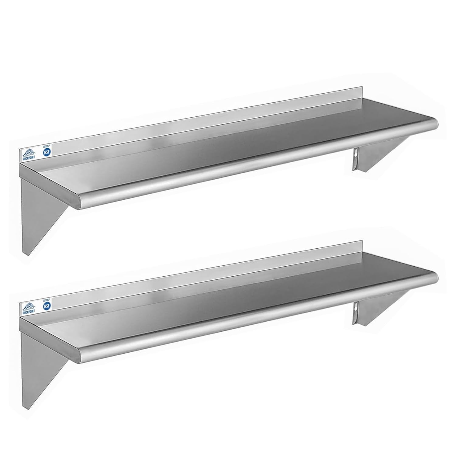 ROCKPOINT Stainless Steel Shelf 12 x 48 Inches 350lb, 2 Pack NSF Commercial Wall Mount Floating Shelving with Backsplash for Restaurant, Kitchen, Home and Hotel, Silver