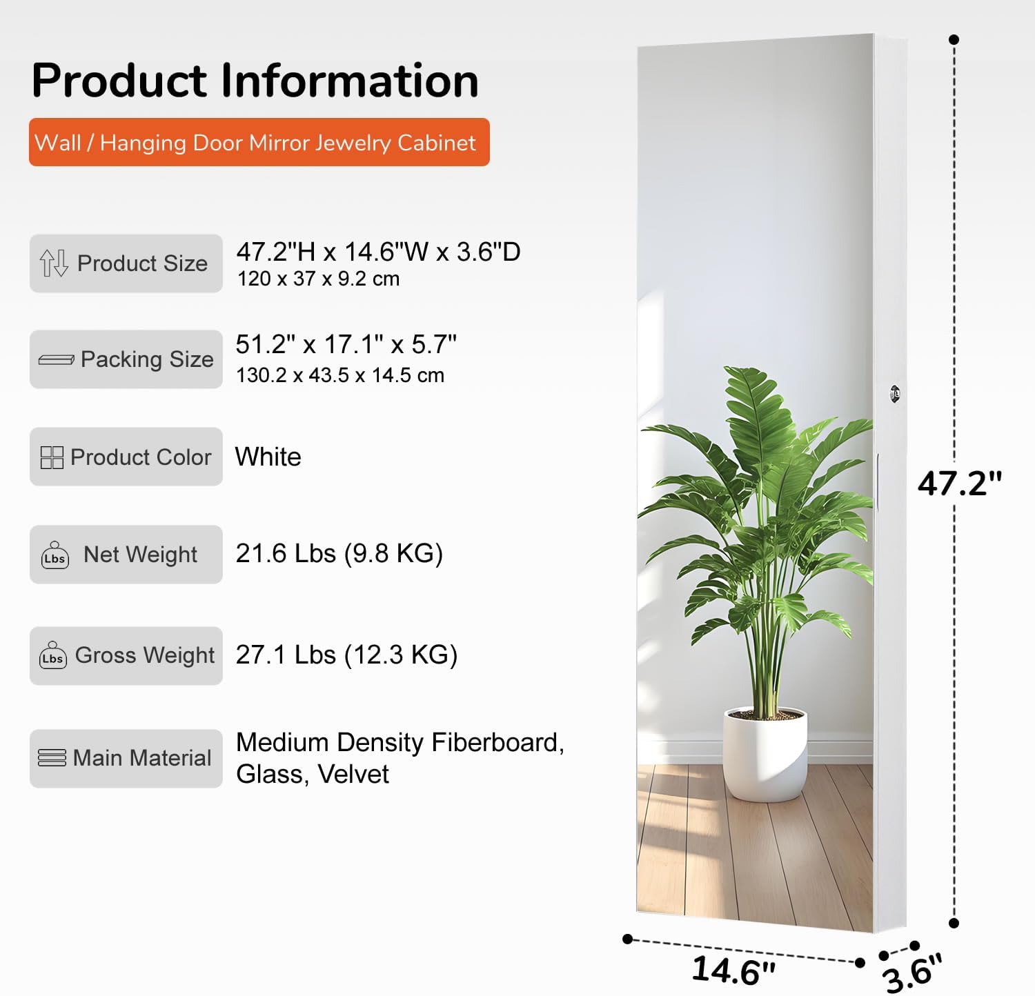 GISSAR Mirror Jewelry Cabinet, LED Wall Door Mount Full Length Jewelry Armoire with Makeup Mirror and Jewelry Storage, Large Capacity Lockable Jewelry Organizer, Vanity Mirror with Lights, White