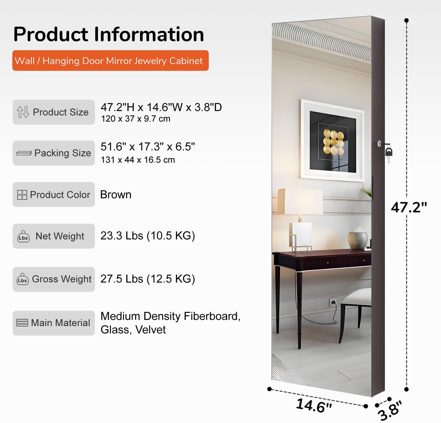 GISSAR Full Length Mirror Jewelry Cabinet, 6 LEDs Jewelry Armoire Wall Mounted Over The Door Hanging, Jewelry Organizer Storage with Lights Lockable, Brown, 14.6" x 47.2"