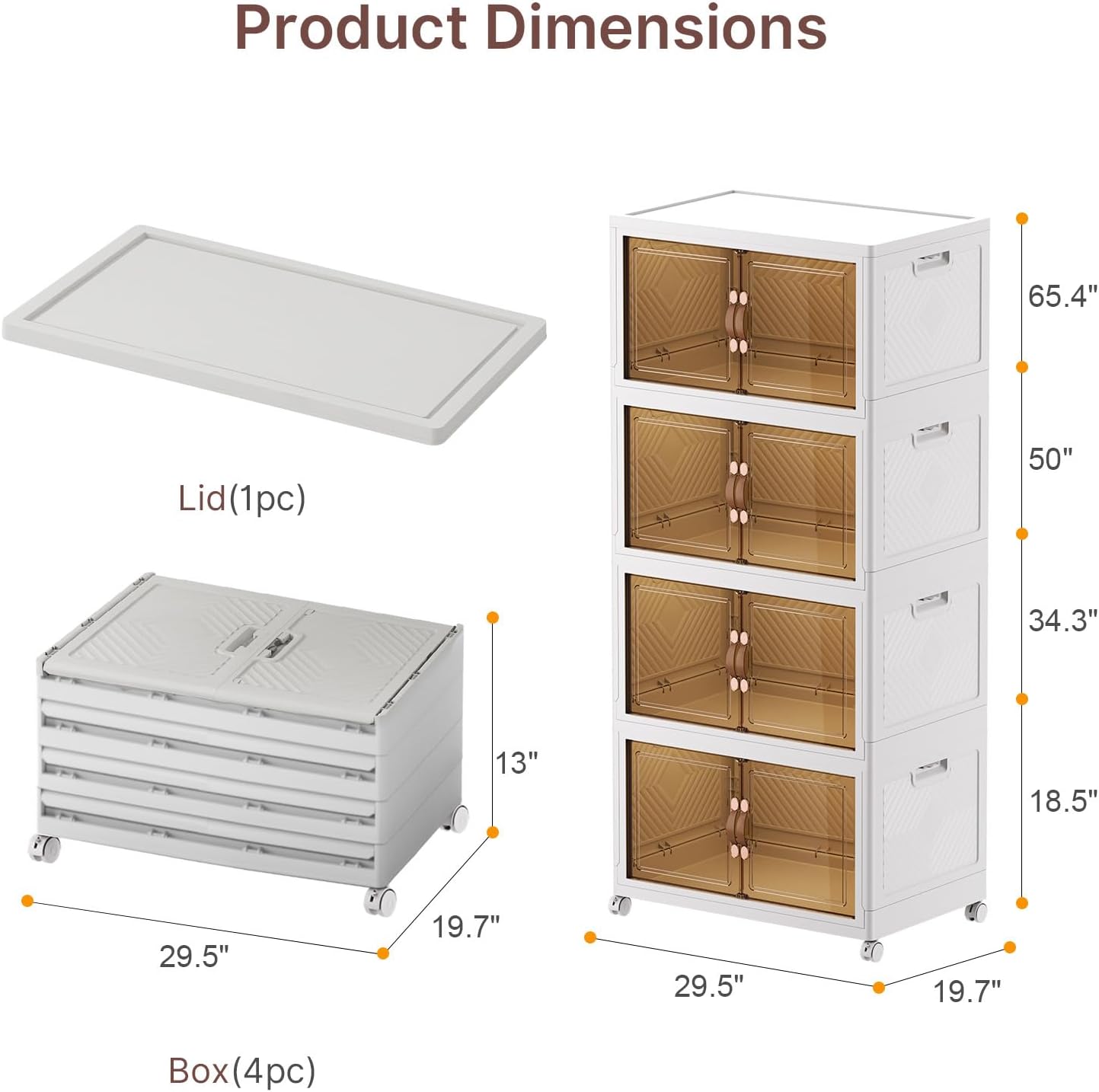 640Qt Stackable Storage Bins with Lids, 4 Pack Large Collapsible Bins with Wheels, Plastic Cabinet with Doors, Foldable Closet Organizers and Storage for Home, Dorm, Office, White