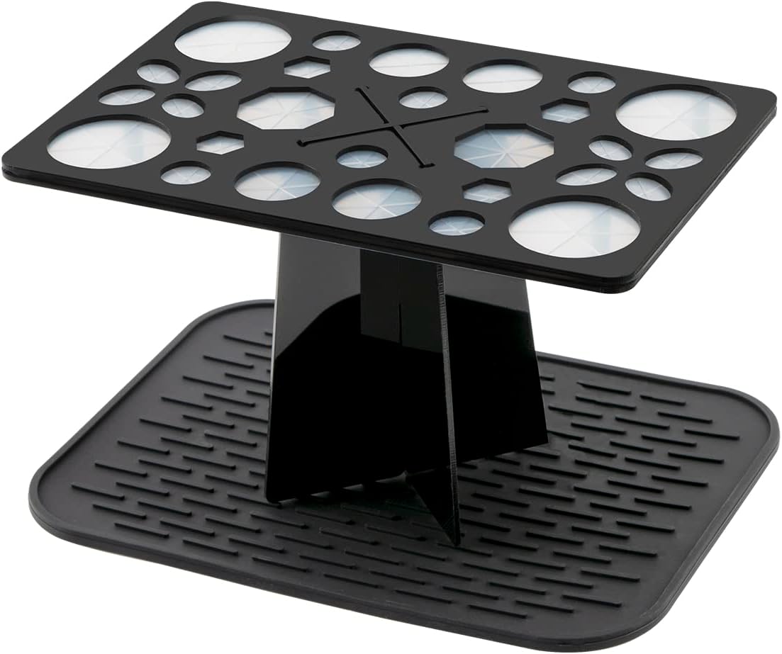 Makeup Brushes Drying Rack with Mat, 28 Holes Acrylic Brush Holder Stand Tree Tray, Folding Makeup Brush Holder (Black)