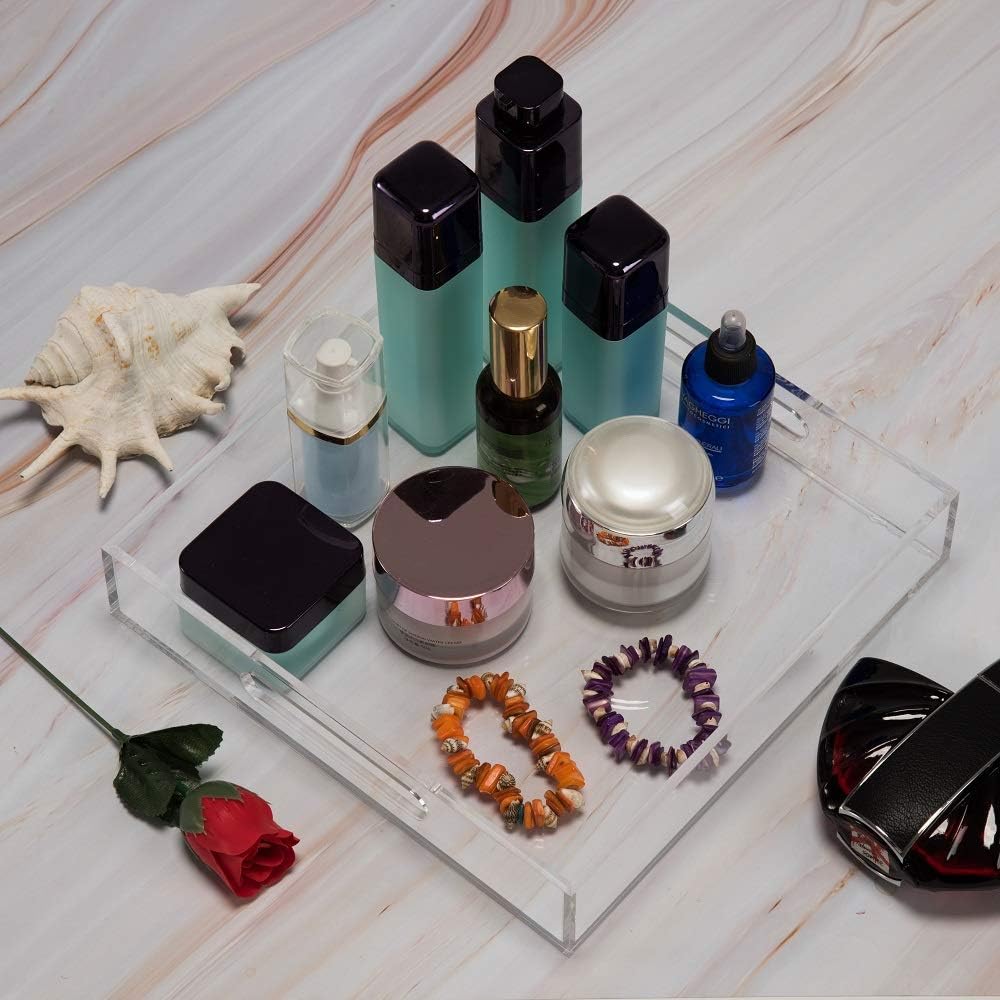 Clear Sturdy Acrylic Serving Tray with Handles - 10x10Inch - Coffee, Appetizer, Breakfast, Butler Tray - Kitchen Countertop & Vanity Table Organizer