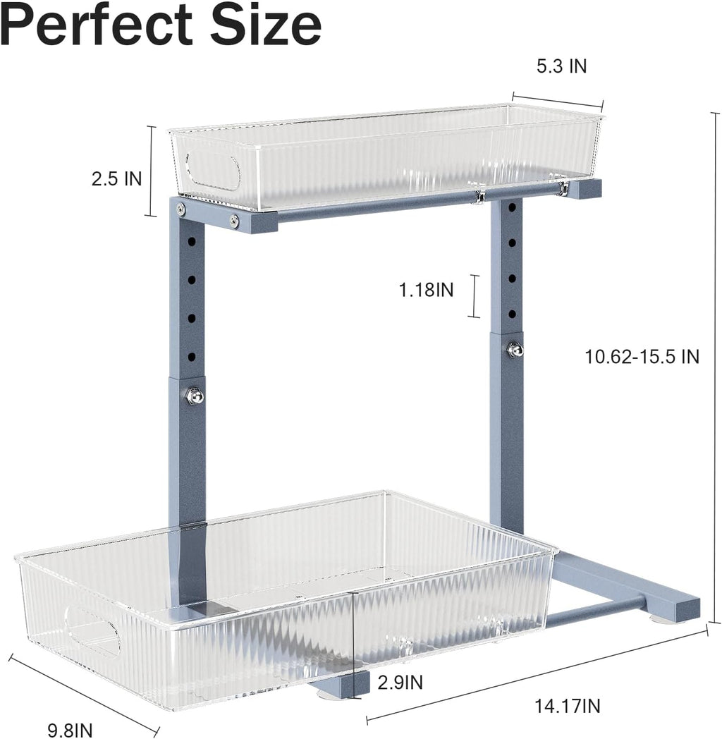 1 Pack 10.62"-15.5"H Under Sink Organizer, 2-Tier Pull Out Cabinet Organizer, Acrylic Under Sink Storage for Kitchen Bathroom Cabinet, L-Shaped Adjustable Height for Maximum Space Efficiency-Gray