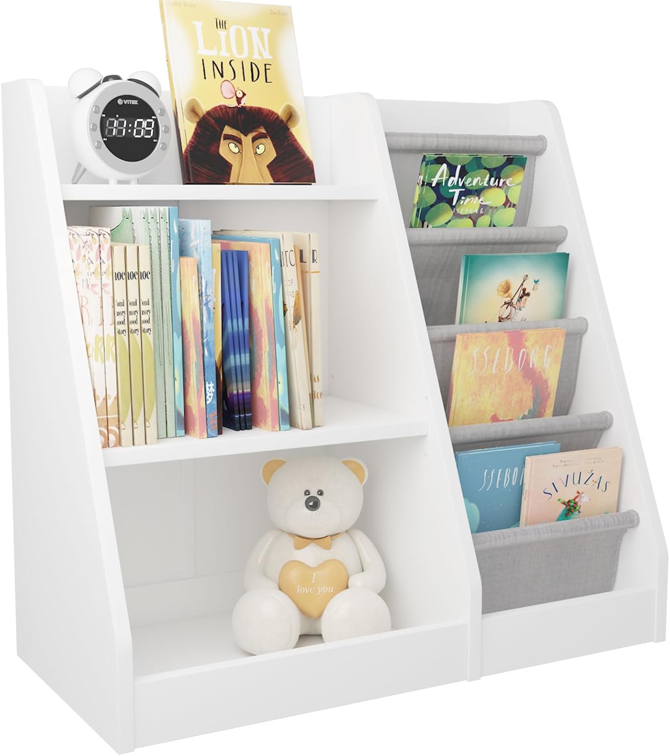 White Kids Bookshelf Wood Toy Storage Organizer Cabinet Children Bookcase Toddler Baby Sling Book Rack Adjustable Shelf for Playroom Bedroom Nursery Hallway School Kindergarten