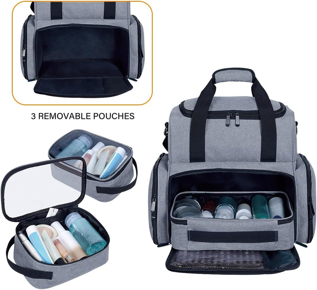 Large Makeup Cosmetic Bag with 3 Removable Case and 2 Removable Dividers Double Layer Travel Storage Organizer, Makeup Brushes Storage Section Grey