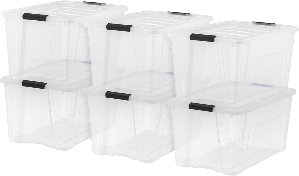 IRIS USA 72 Qt Stackable Plastic Storage Bins with Lids, 6 Pack - BPA-Free, Made in USA - See-Through Organizing Solution, Latches, Durable Nestable Containers, Secure Pull Handle - Clear
