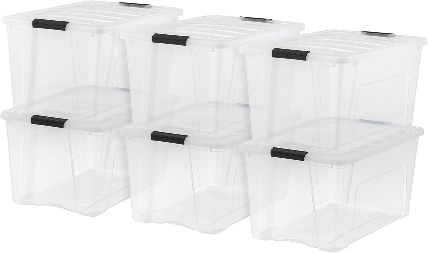 IRIS USA 72 Qt Stackable Plastic Storage Bins with Lids, 6 Pack - BPA-Free, Made in USA - See-Through Organizing Solution, Latches, Durable Nestable Containers, Secure Pull Handle - Clear