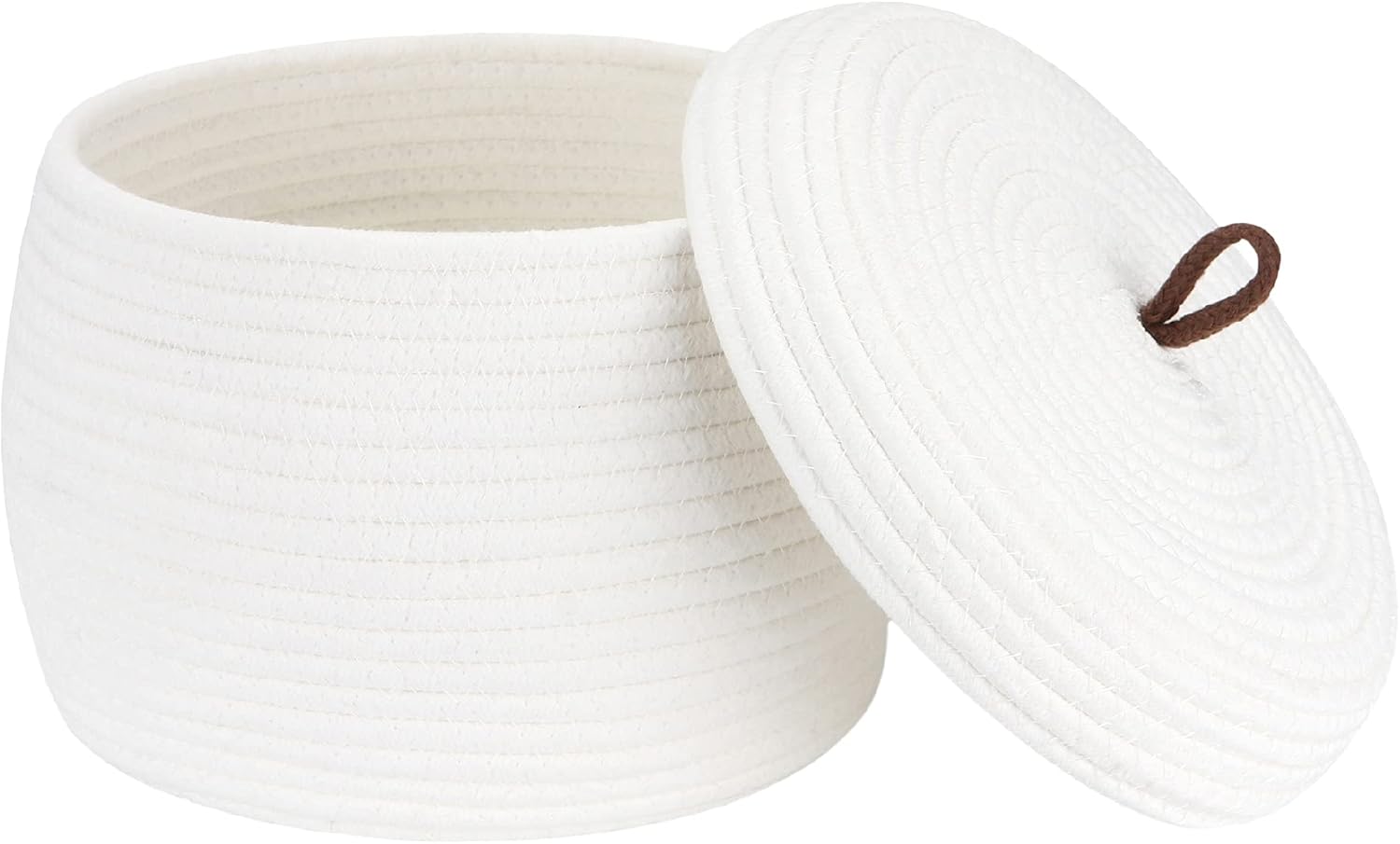 Sea Team Round Cotton Rope Storage Basket with Lid, Decorative Woven Storage Bin, Pot, Caddy, Organizer, Container for Snacks, Towels, Plants, 10 x 7.5 Inches (Small, White)