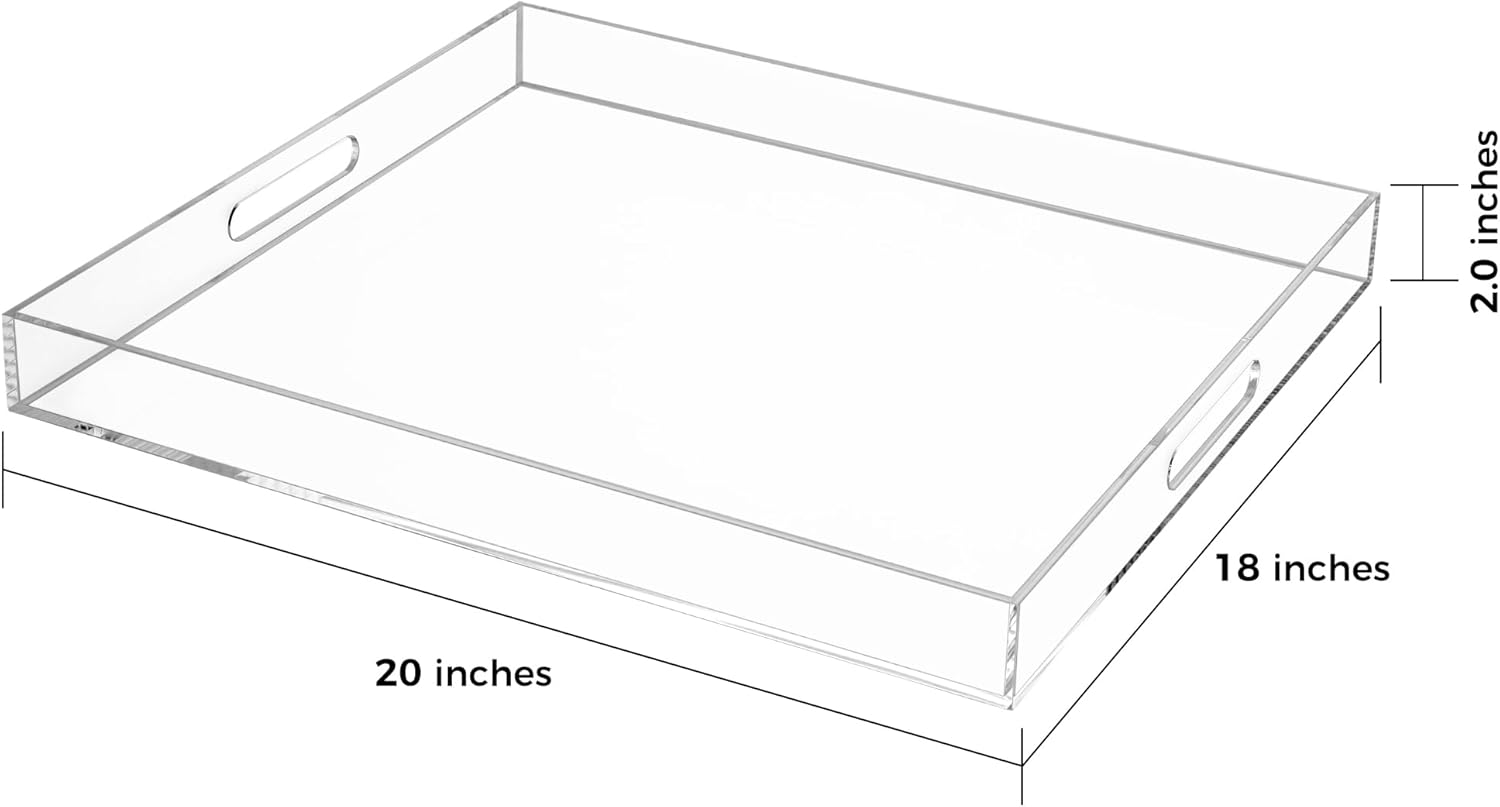 Clear Rectangular 18x20 Inches Acrylic Ottoman Tray Decorative Serving Tray with Cutout Handles Organizer Tray on Coffee Table Countertop Big Breakfast Bed Tray Living Room Appetizer Serving Food