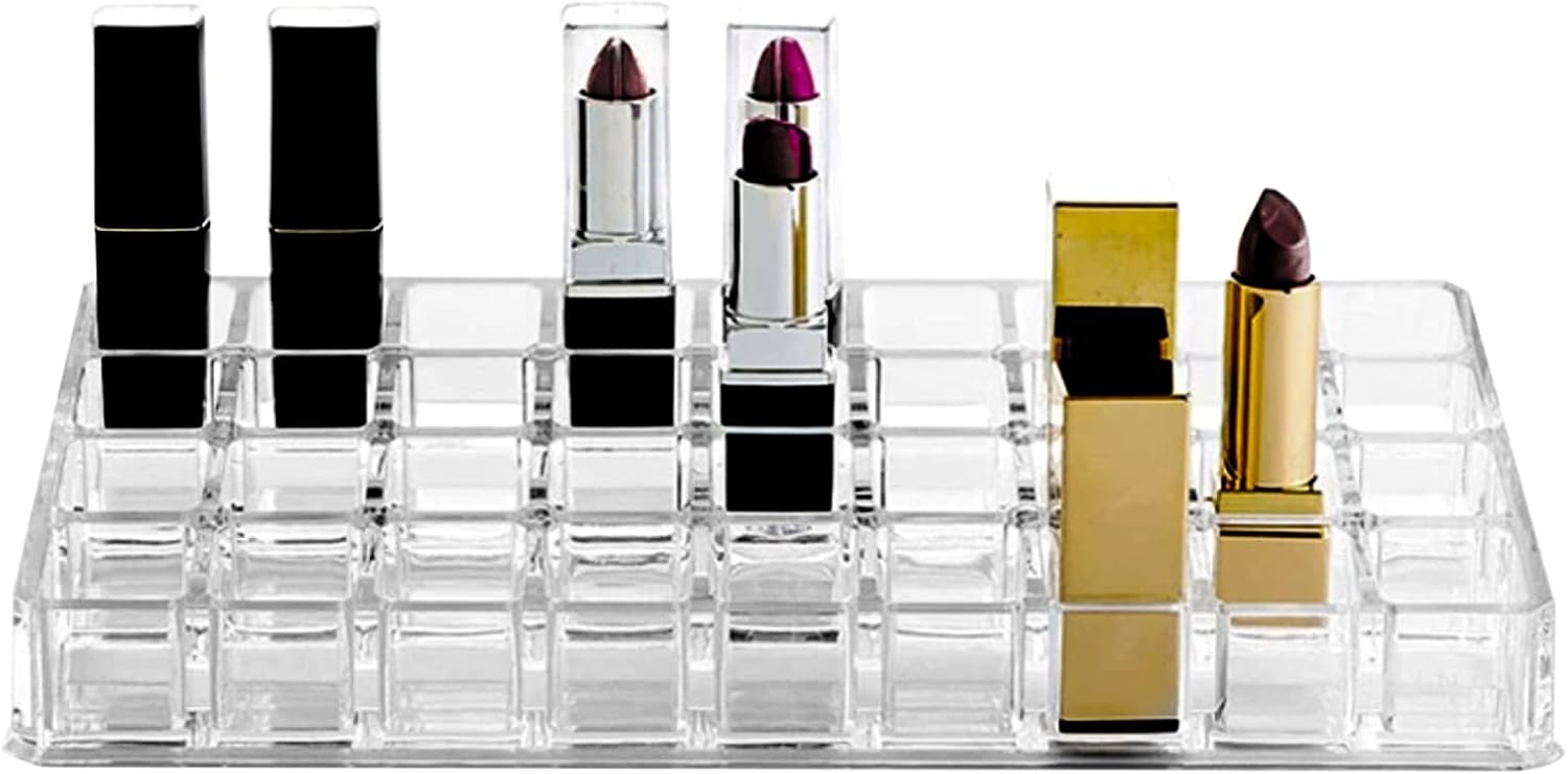 36 Slots Acrylic Lipstick Organizer, Thickened Multi-Grid Clear Lip Gloss Perfume Sample Mascara Display Storage Holder for Drawer and Vanity, 10 x 4.6 x 2.3 Inch