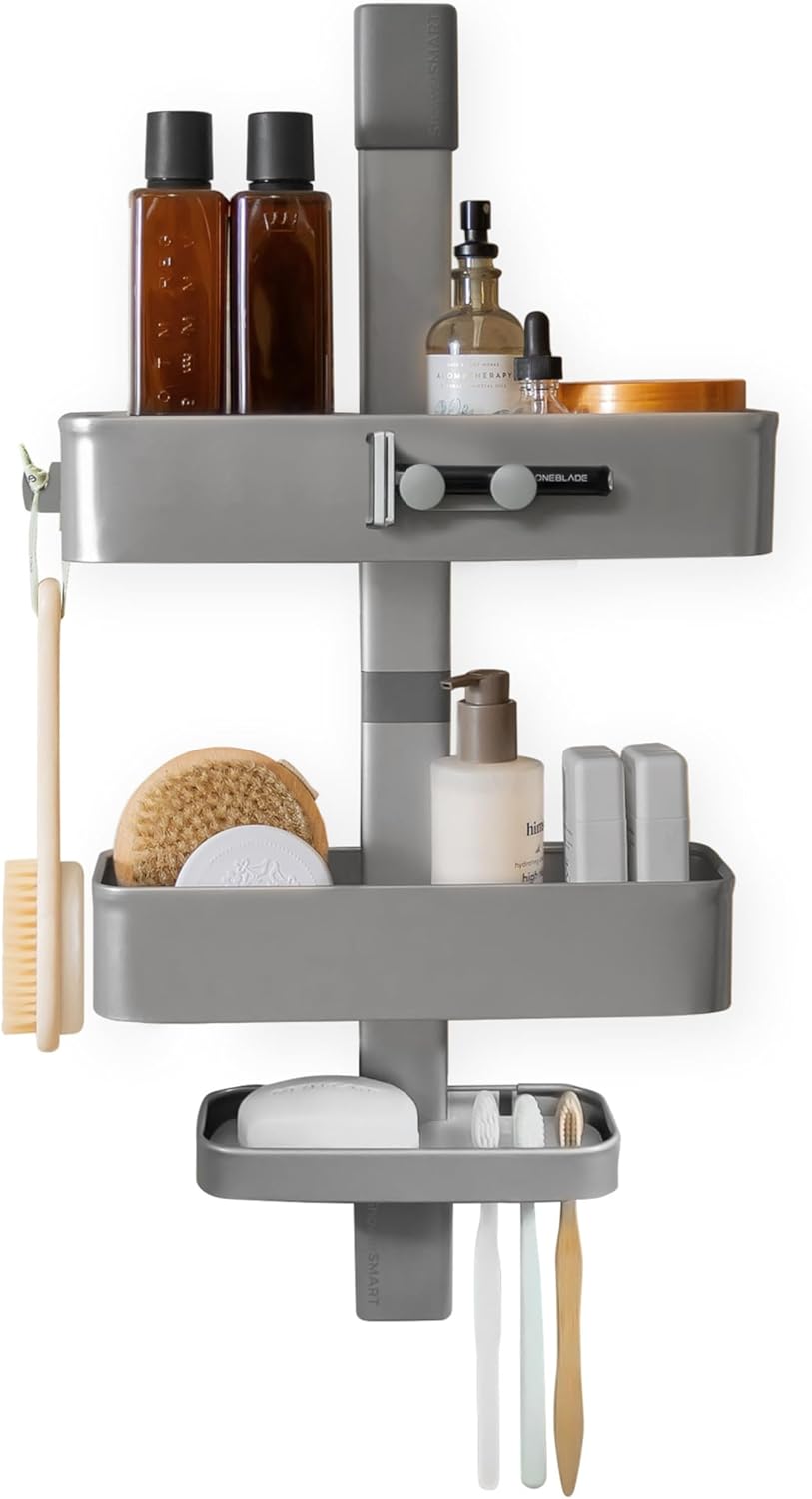 Rust Resistant Hygienic Shower Caddy – Hanging Bathroom Organizer with Adjustable Shelves, Easy Clean Trays & Magnetic Hooks for DIY Remodels & Shower Niches - Graphite