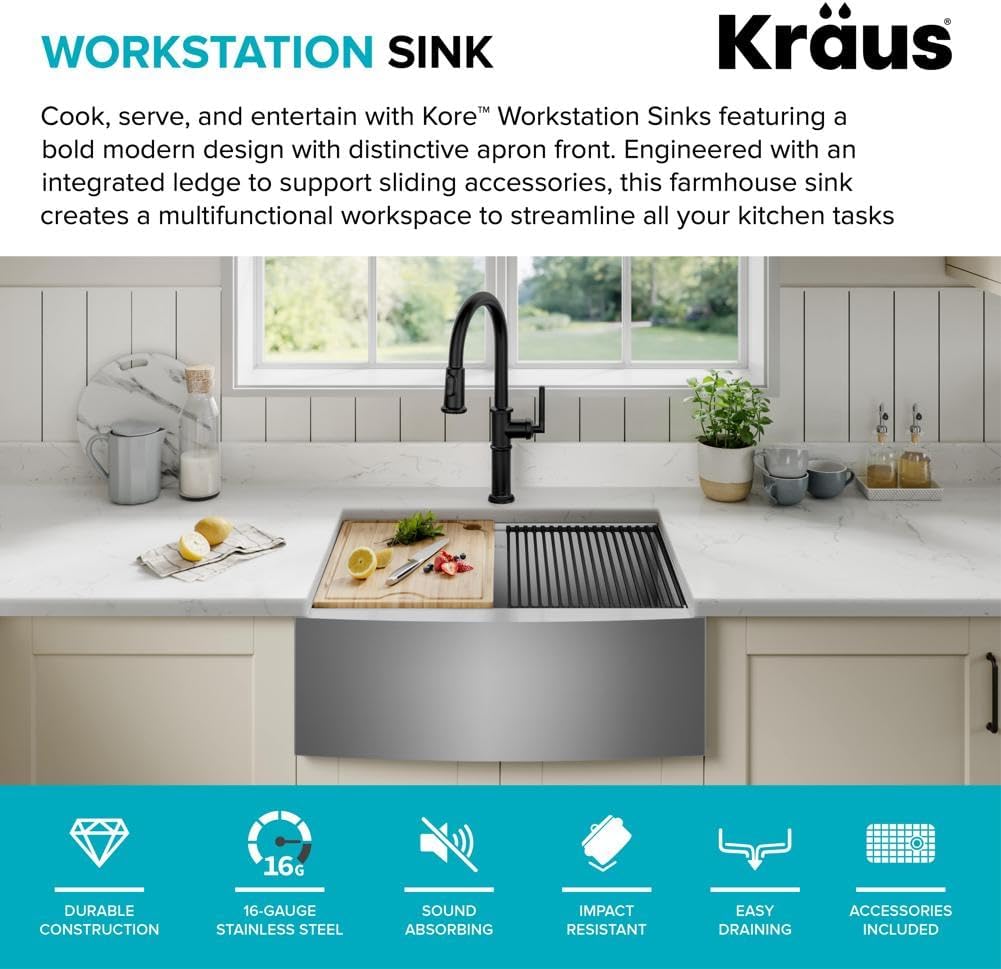 KRAUS Kore 24-Inch Farmhouse Workstation 16 Gauge Single Bowl Stainless Steel Kitchen Sink with Accessories, KWF210-24
