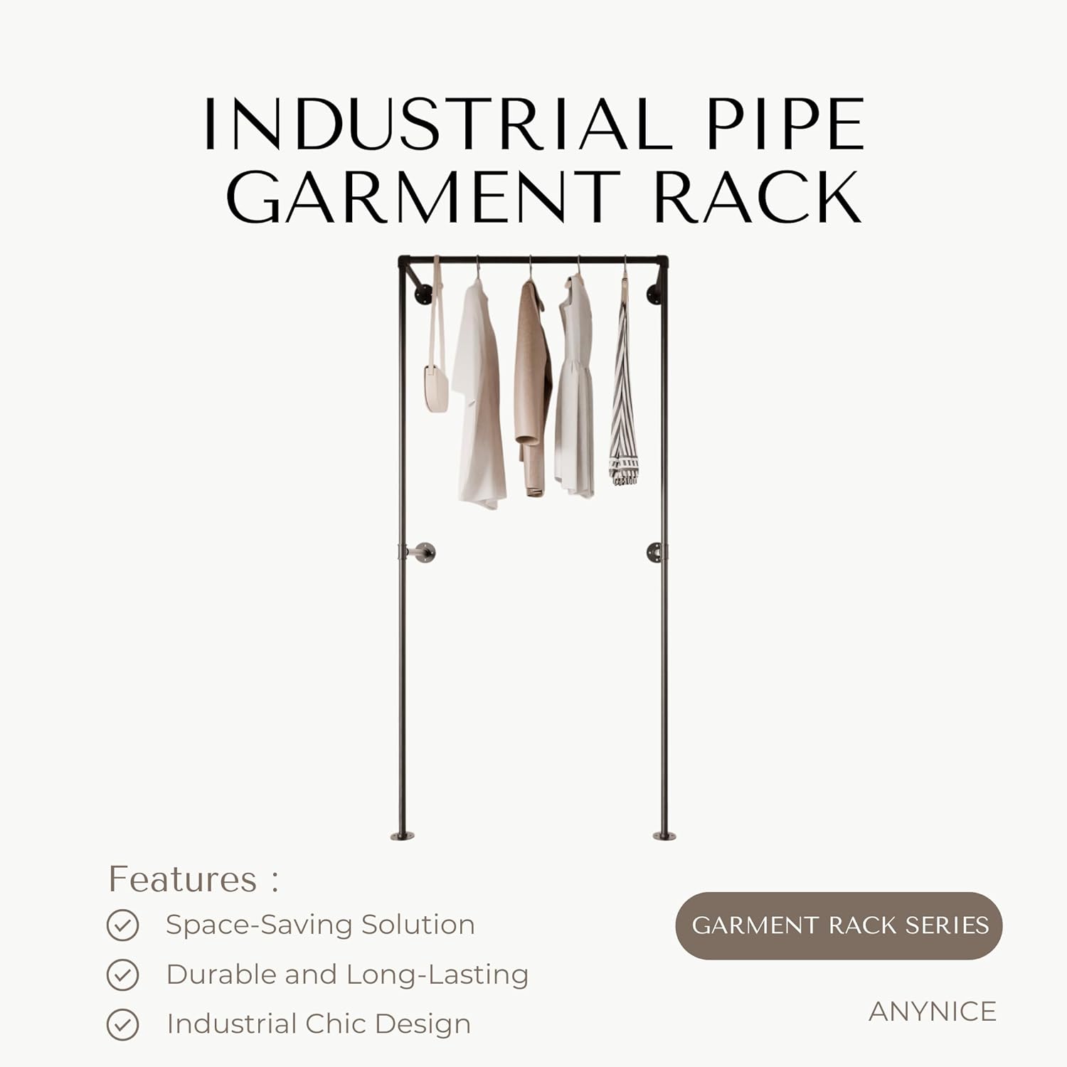 Industrial Pipe Clothing Rack, Heavy Duty Wall Mounted Clothes Rack, Retail Display Hanging Garment Rod for Laundry Rooms, Closet Storage, 14.6x37.4x82.7 Inches, Model K05