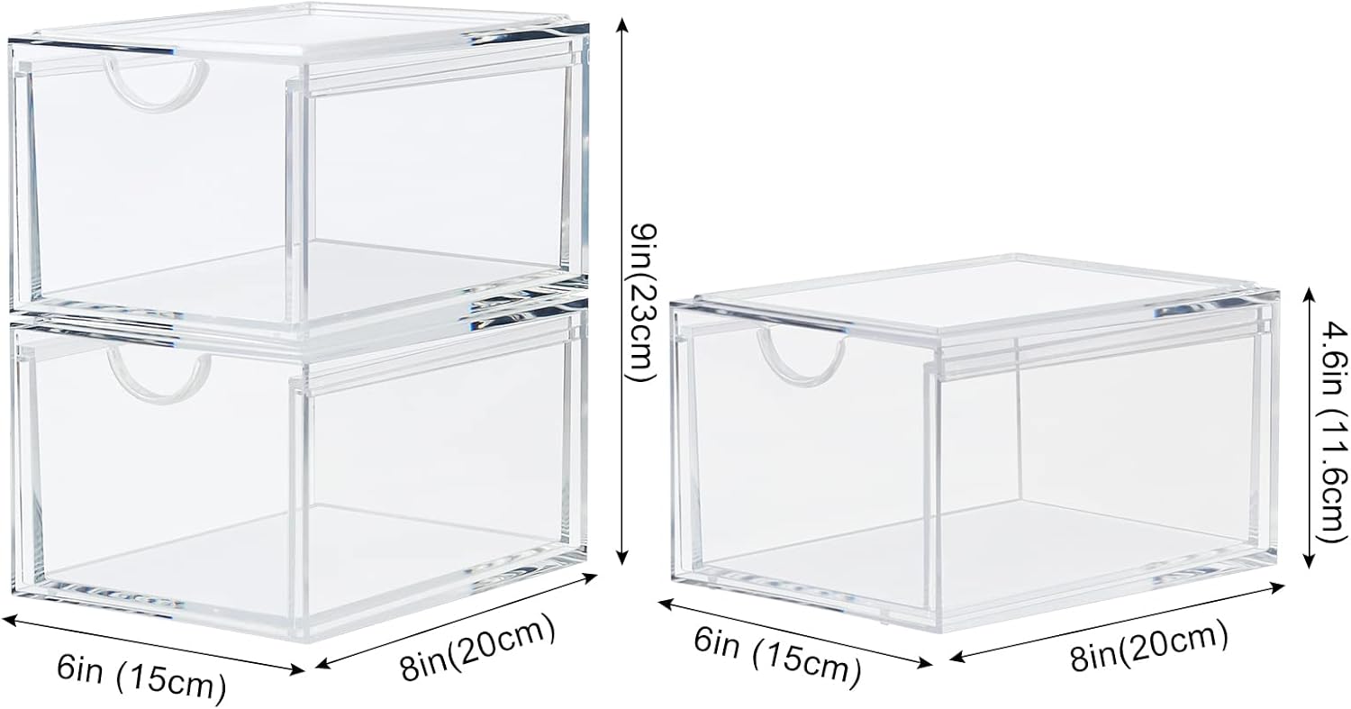 2 Pack Stackable Cosmetic Organizer Drawers, Clear Acrylic Makeup Storage Organizer Box, Plastic Storage Bins Vanity Container for Bathroom Countertop, Bedroom Dresser, Kitchen Cabinets