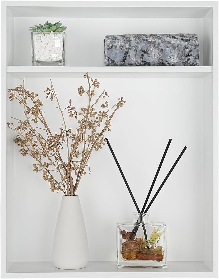 JQK Shower Niche No Tile Need, 18"×14" Matte White Bathroom Insert Shelf 2 Layer, 304 Stainless Steel Recessed Shower Caddy Organizer Storage, SNL1814D-WH