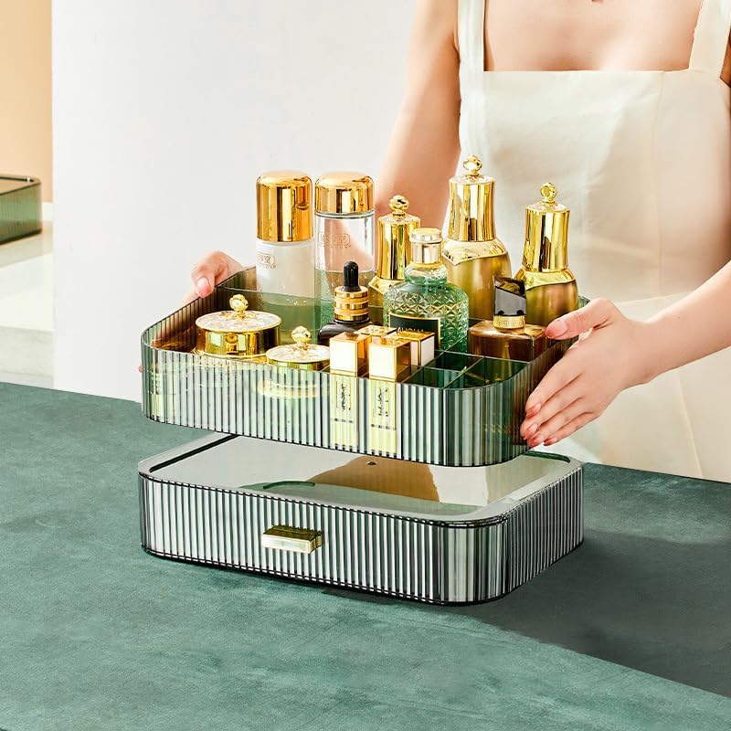 Makeup Organizer with Stackable Drawer, Large Capacity Vanity Organizer for Dresser Bathroom Countertop, Cosmetics Organizer and Display Case for Skincare, Perfume, Makeup Brushes, Lipsticks, Green