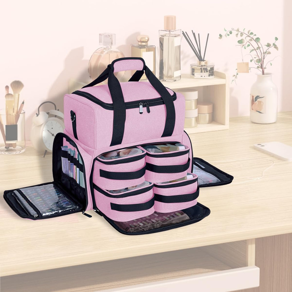 Large Cosmetic Bag with 4 Removable Case and 2 Removable Dividers Double Layer Travel Storage Organizer, Makeup Brushes Storage Section Pink