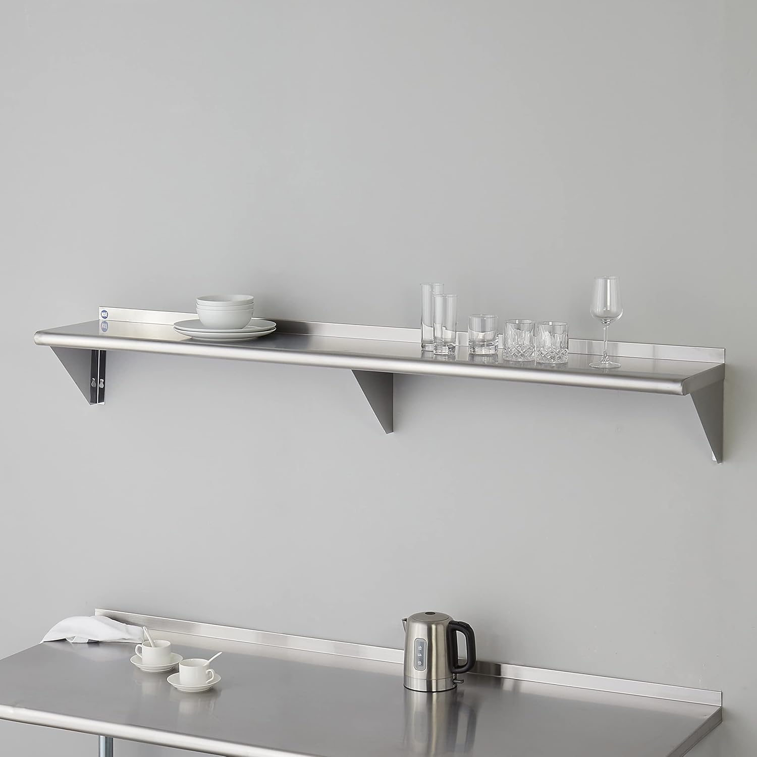 ROCKPOINT Stainless Steel Shelf 12 x 72 Inches 450lb, NSF Metal Commercial Shelves Wall Mount Floating Shelving with Backsplash for Restaurant, Kitchen, Home and Hotel, Silver