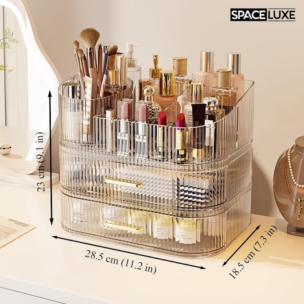 Makeup Organizer with Drawers and 360° Rotating Brush Holder, Large Capacity Cosmetic Storage for Vanity, Skincare, Perfume, Hair Accessories, Lipstick & Jewelry (Clear, 3-layer)