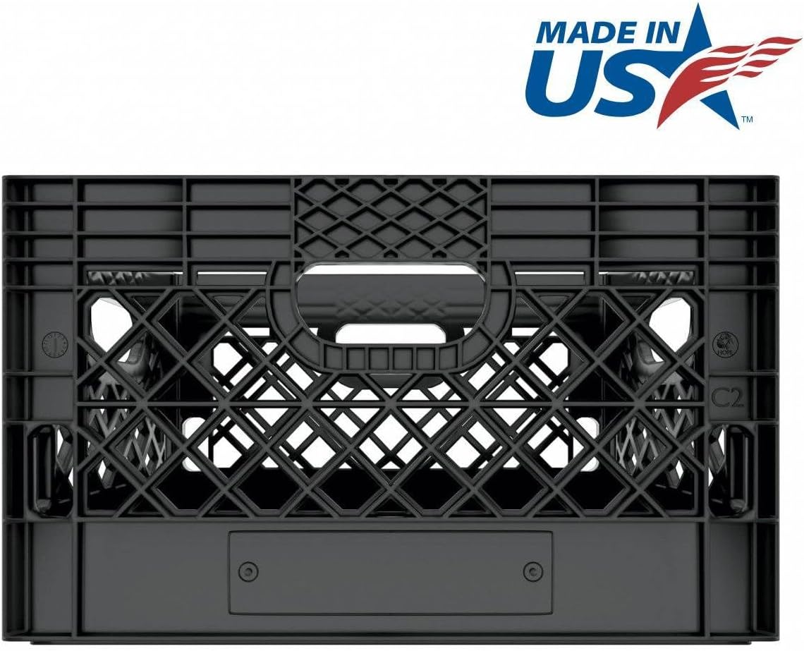 Heavy Duty Plastic Storage Milk Crates, Stackable Utility Organizer Bins, 19x11x13 Inches, 6 Pack, Made in USA, 24 Qt/6 Gallon Capacity (Black)