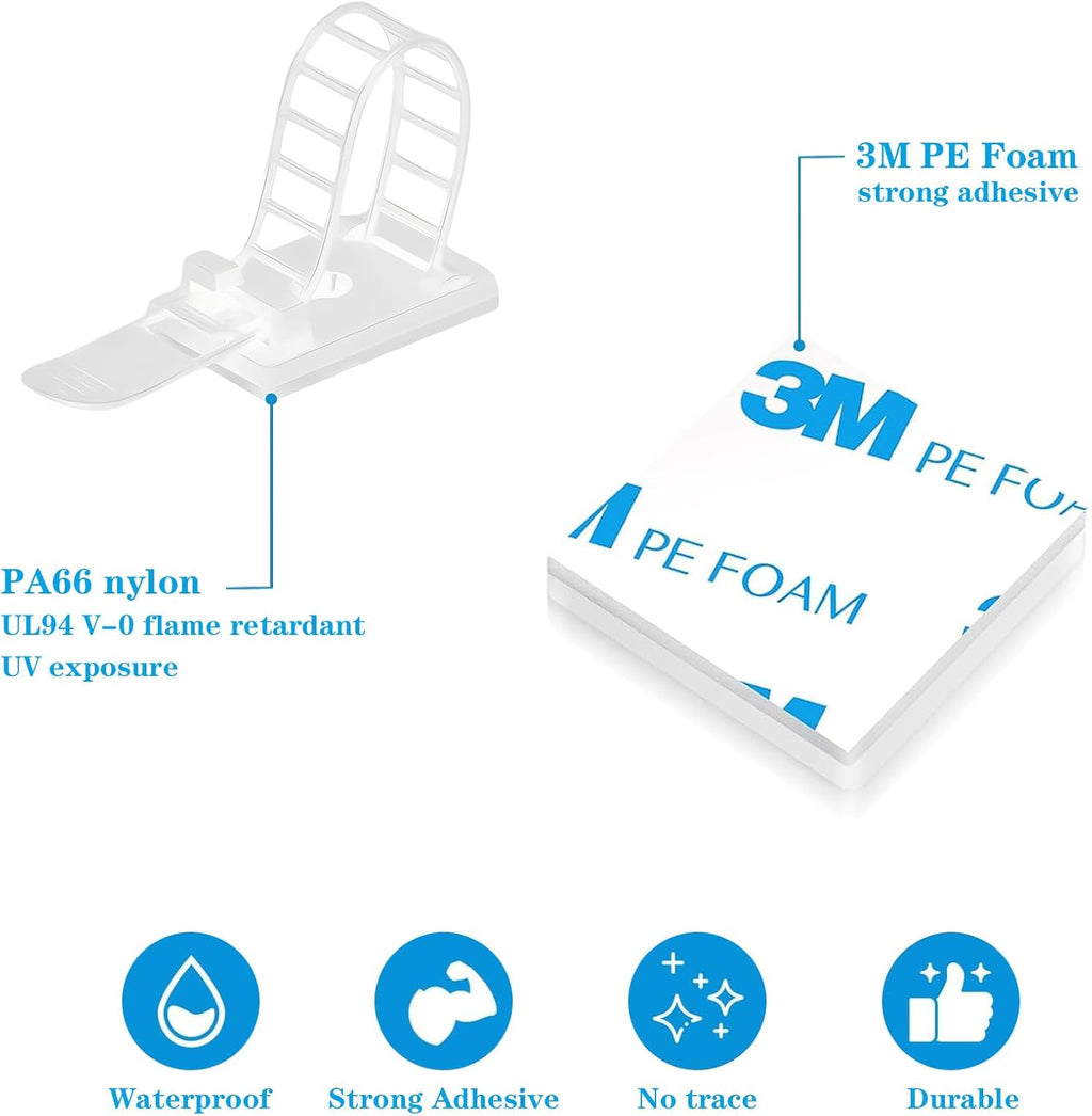 Cable Ties Cable Clips Wire Management Cord Clips Under,Desk Cable Management Reusable Zip Ties Wire Organizer Under Desk 50 Packs (White)