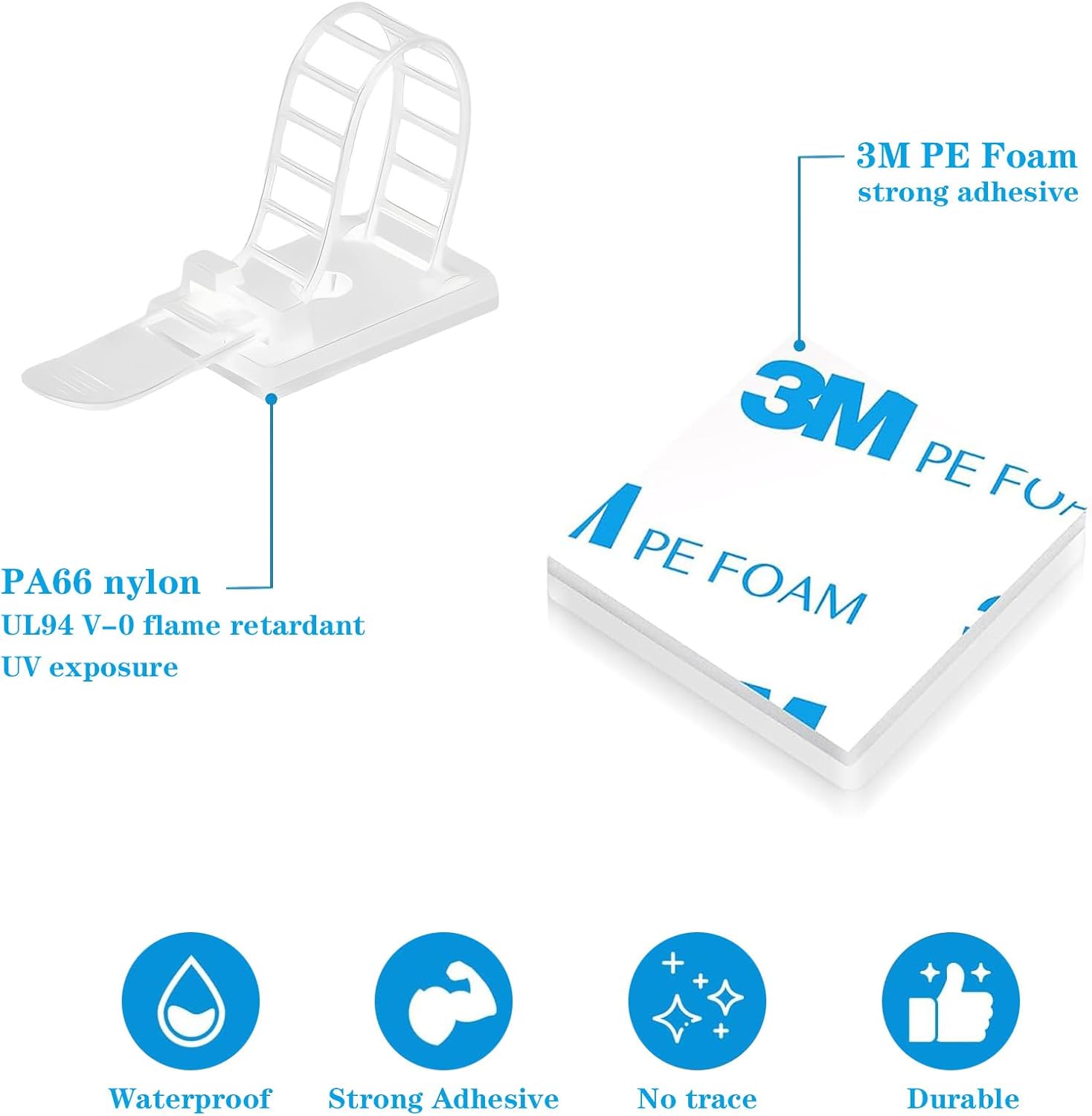 Adjustable 3M Adhesive Cable Management Clips 100Pcs, Large self Adhesive Cable Ties Clips ，Suitable for Cable Management Under desks and on Walls(White)