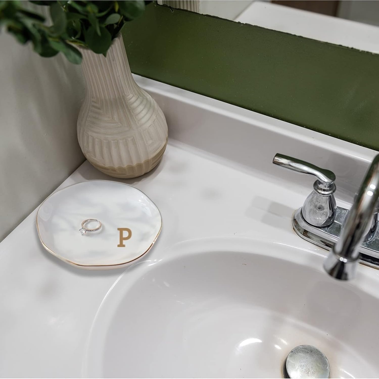 Initials Ring Dish Jewery Tray with Personalized P-Monogrammed Gifts Wedding Engagement for Women Friends Sister,Ceramic White