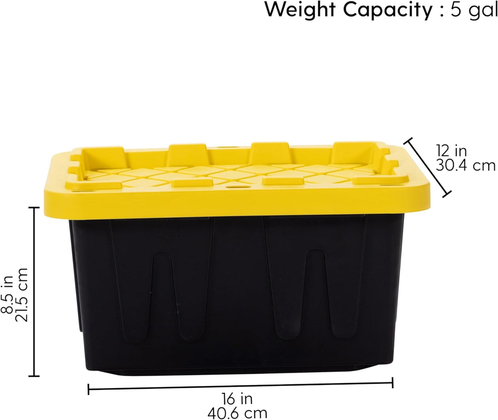 Plastic 5-Gallon Storage Tote with Lockable Lid, Stackable Tough Regular-Duty Bin for Garage, Tools, and Home Organization (2-Pack) - Black and Yellow